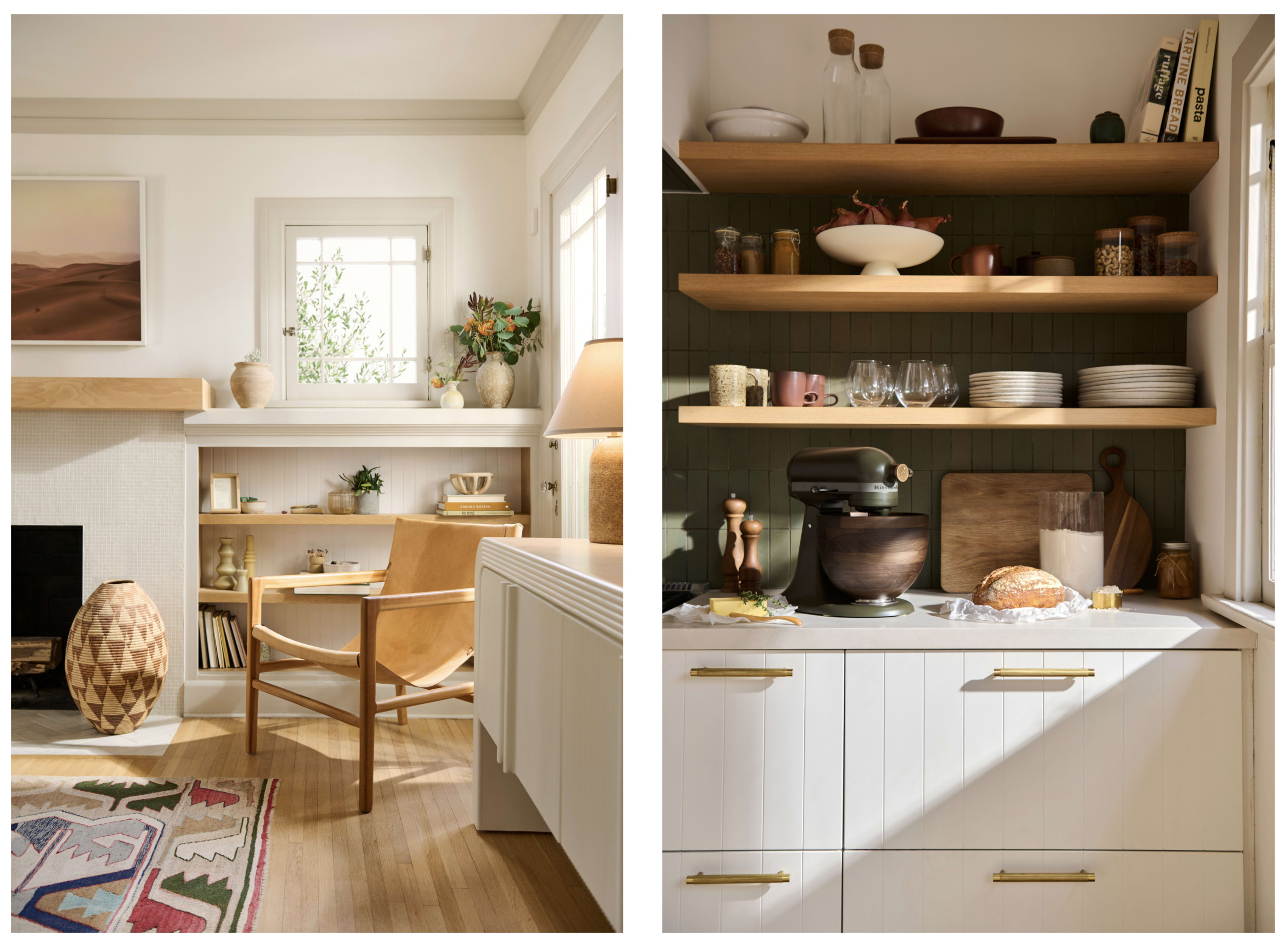 The image features two separate scenes: the left side shows a bright, modern living room with a wooden chair and decorative shelves, while the right side presents a kitchen area with open shelves displaying dishes and a stand mixer alongside a loaf of bread.