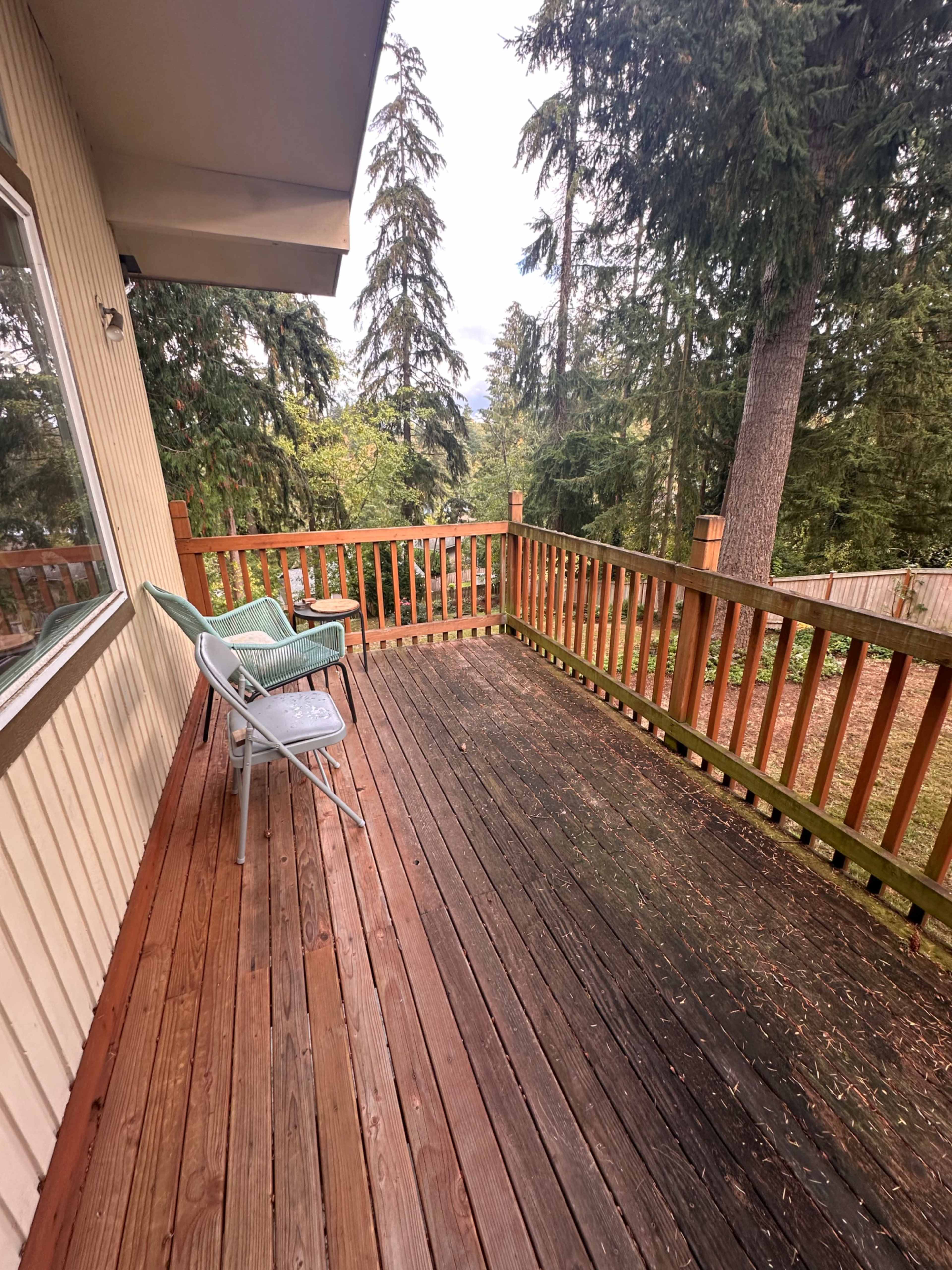 The image shows a wooden deck with two chairs, surrounded by tall trees and greenery.