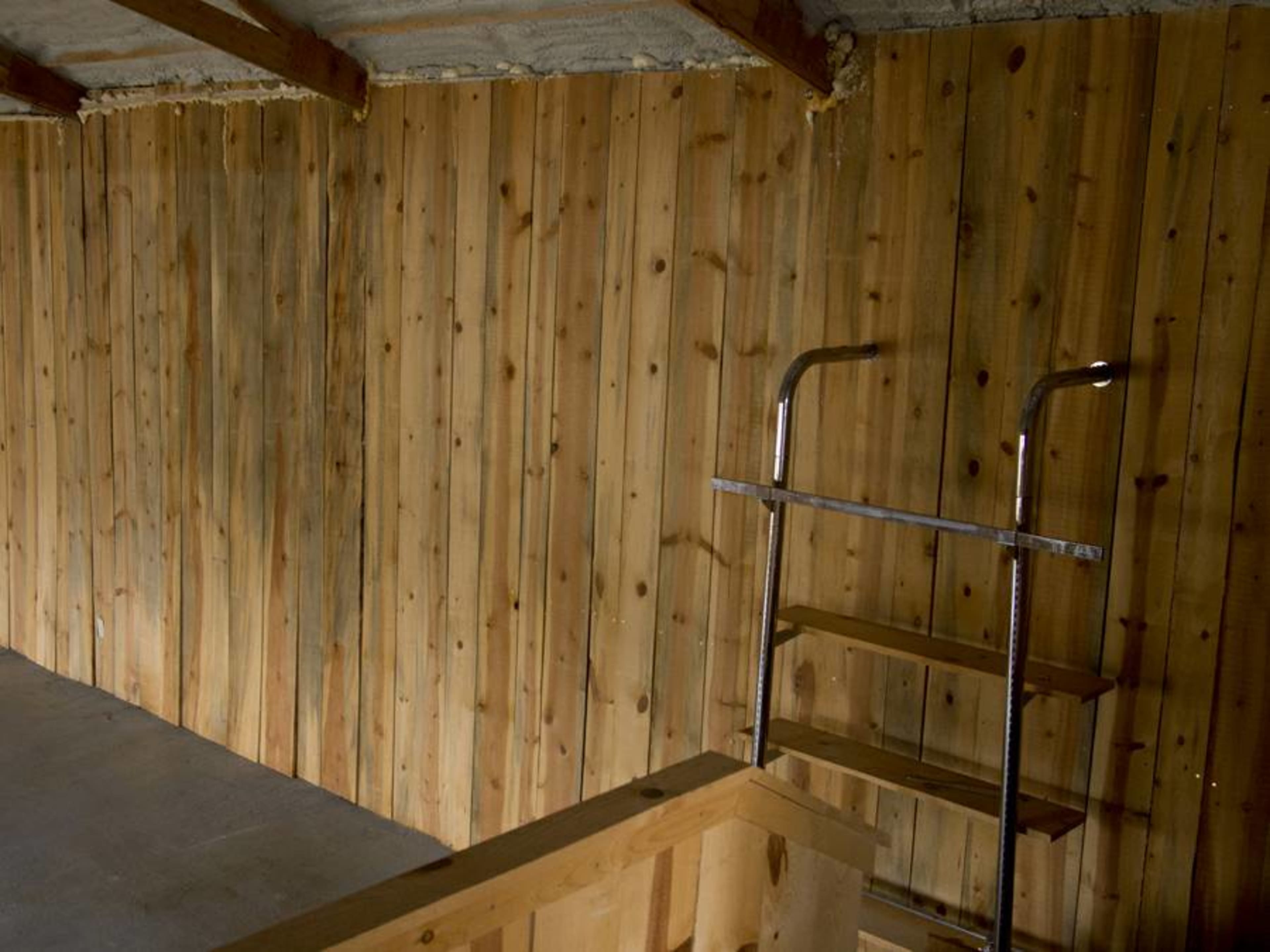 A metal ladder stands against a wooden paneled wall in an unfinished room.