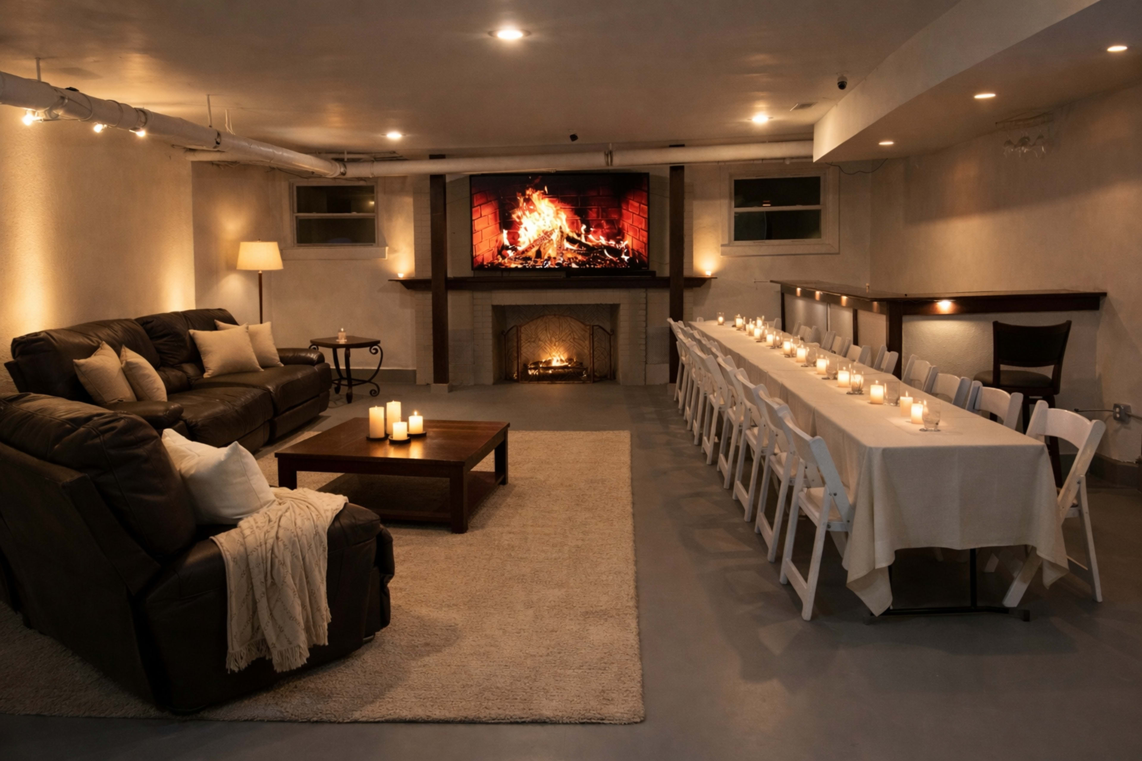 A spacious, dimly lit basement features a cozy seating area with a couch and coffee table, alongside a long dining table set with candles and a large screen displaying a fire.