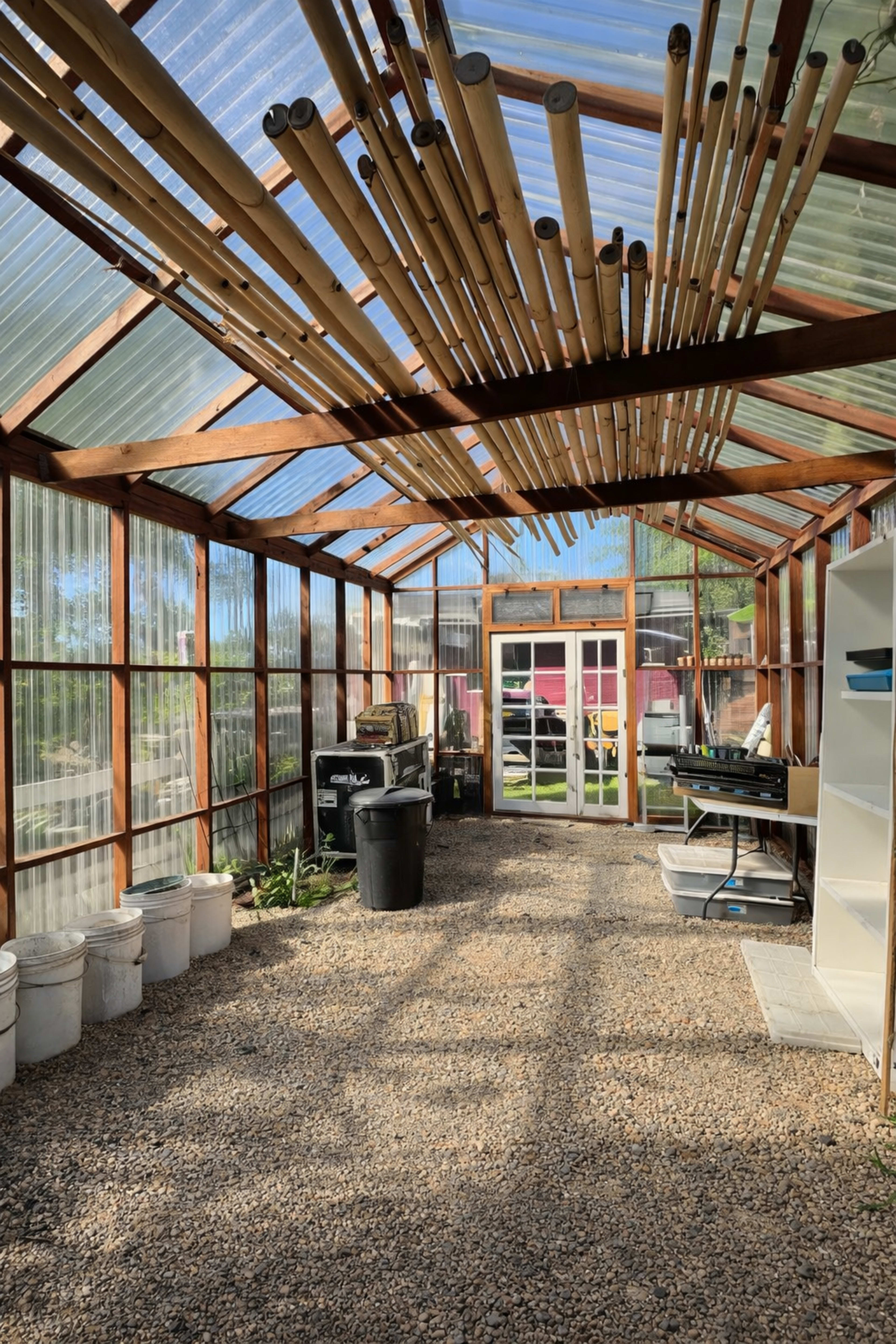 The image shows the interior of a greenhouse with wooden framing, a gravel floor, and various gardening tools and containers arranged along the walls.