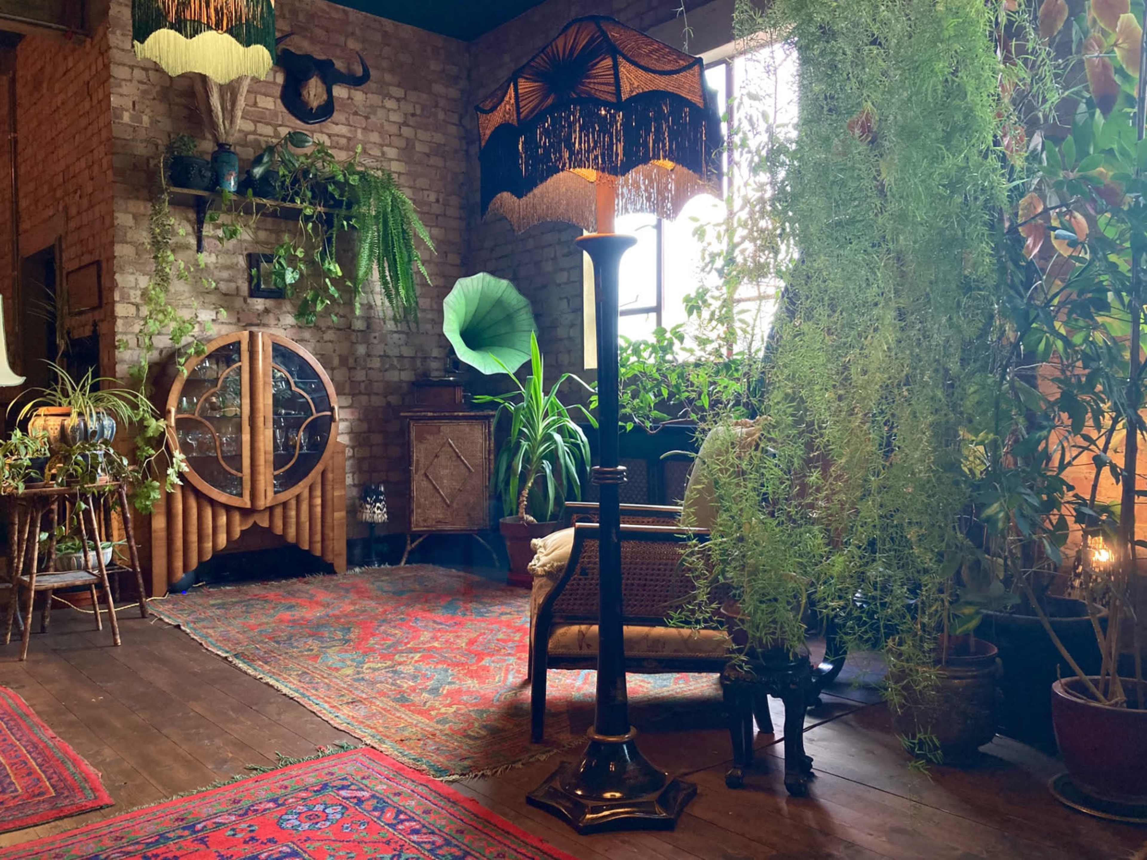 A cozy interior filled with plants, vintage furniture, and a tall, ornate lamp standing on a wooden floor surrounded by patterned rugs.