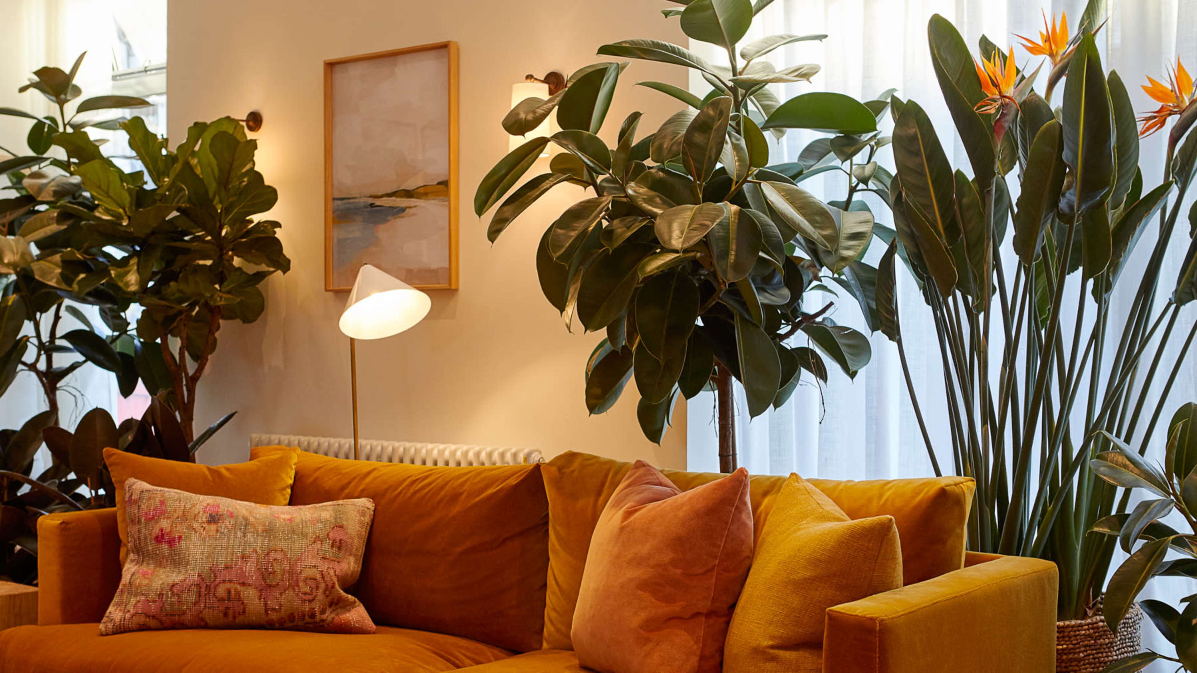A cozy living room corner with a mustard-colored couch adorned with pillows, surrounded by large indoor plants and a piece of artwork on the wall.