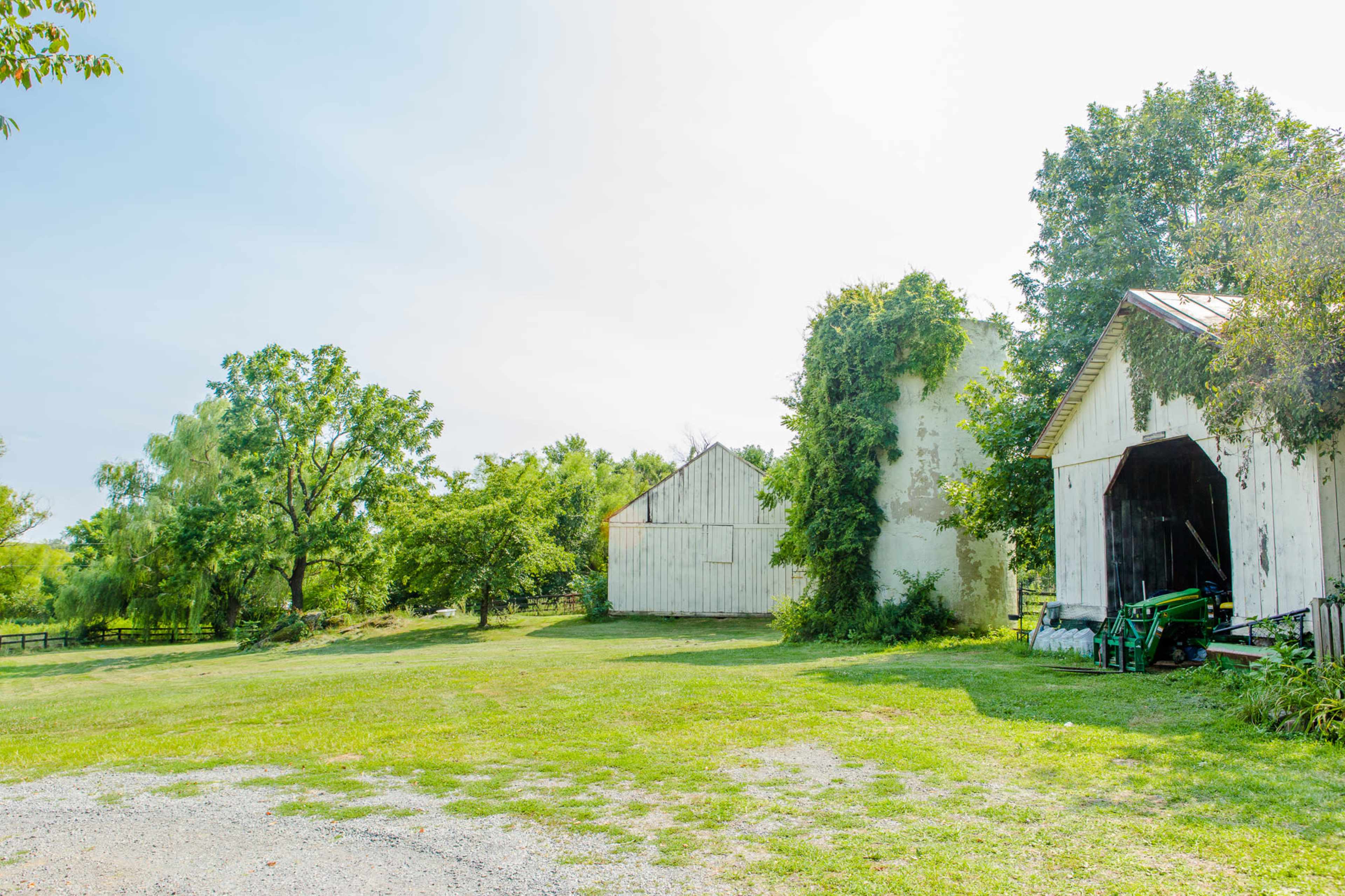 A rural scene with two white barns surrounded by green grass and trees.
