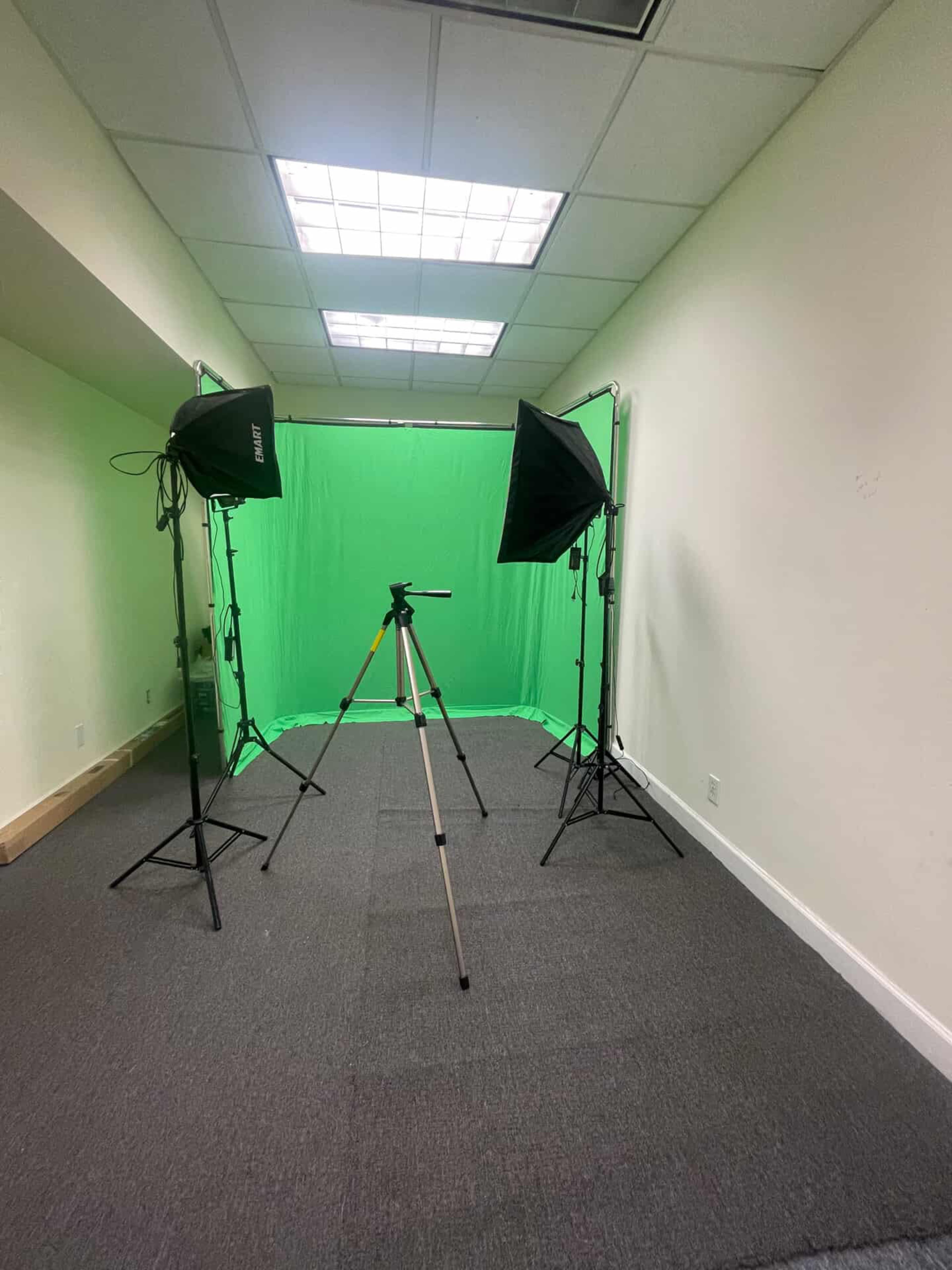 A green screen setup is positioned in a room with studio lights and a tripod on a carpeted floor.