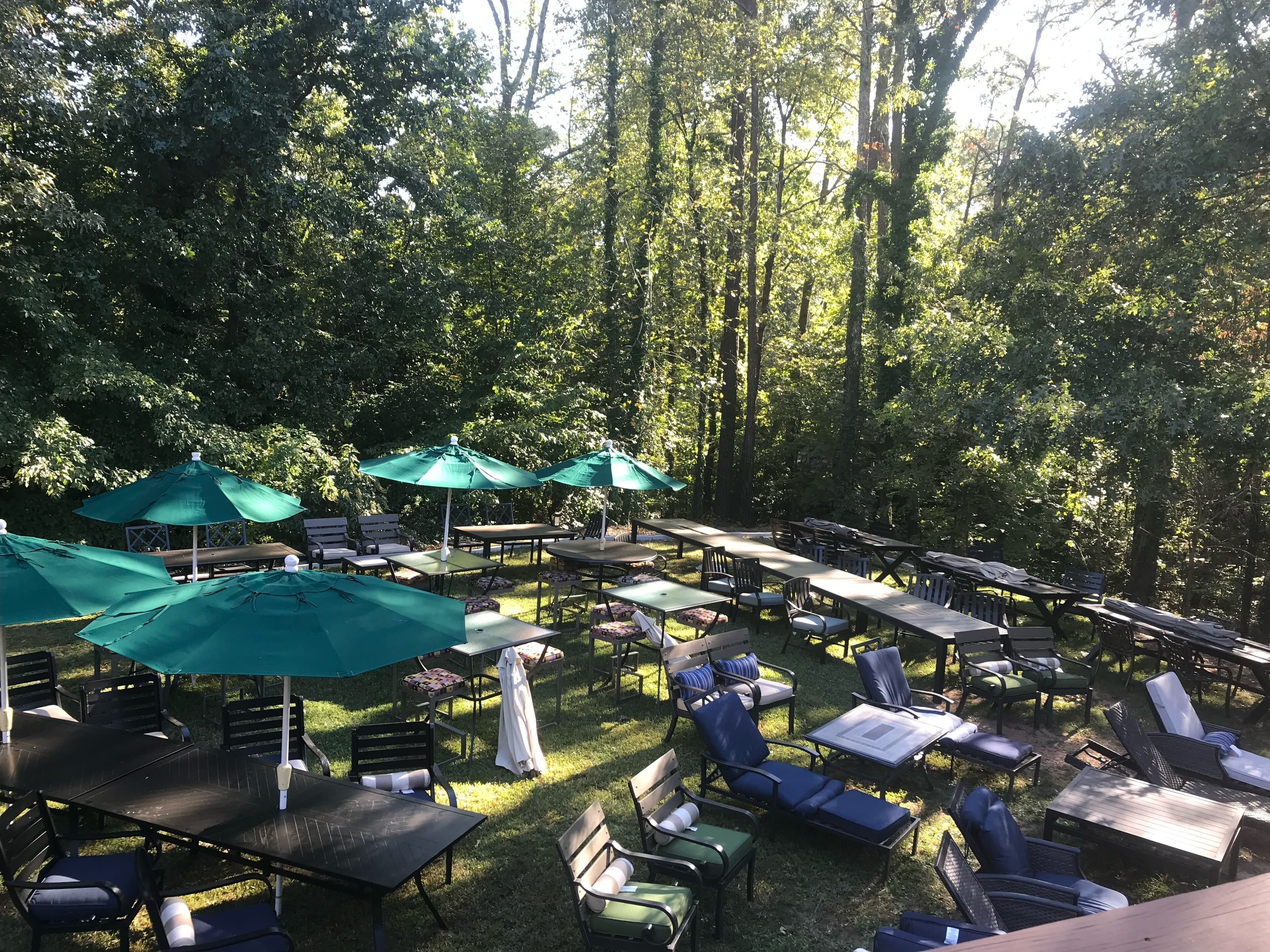 The image shows a garden area with numerous tables and lounge chairs, all shaded by green umbrellas and surrounded by trees.