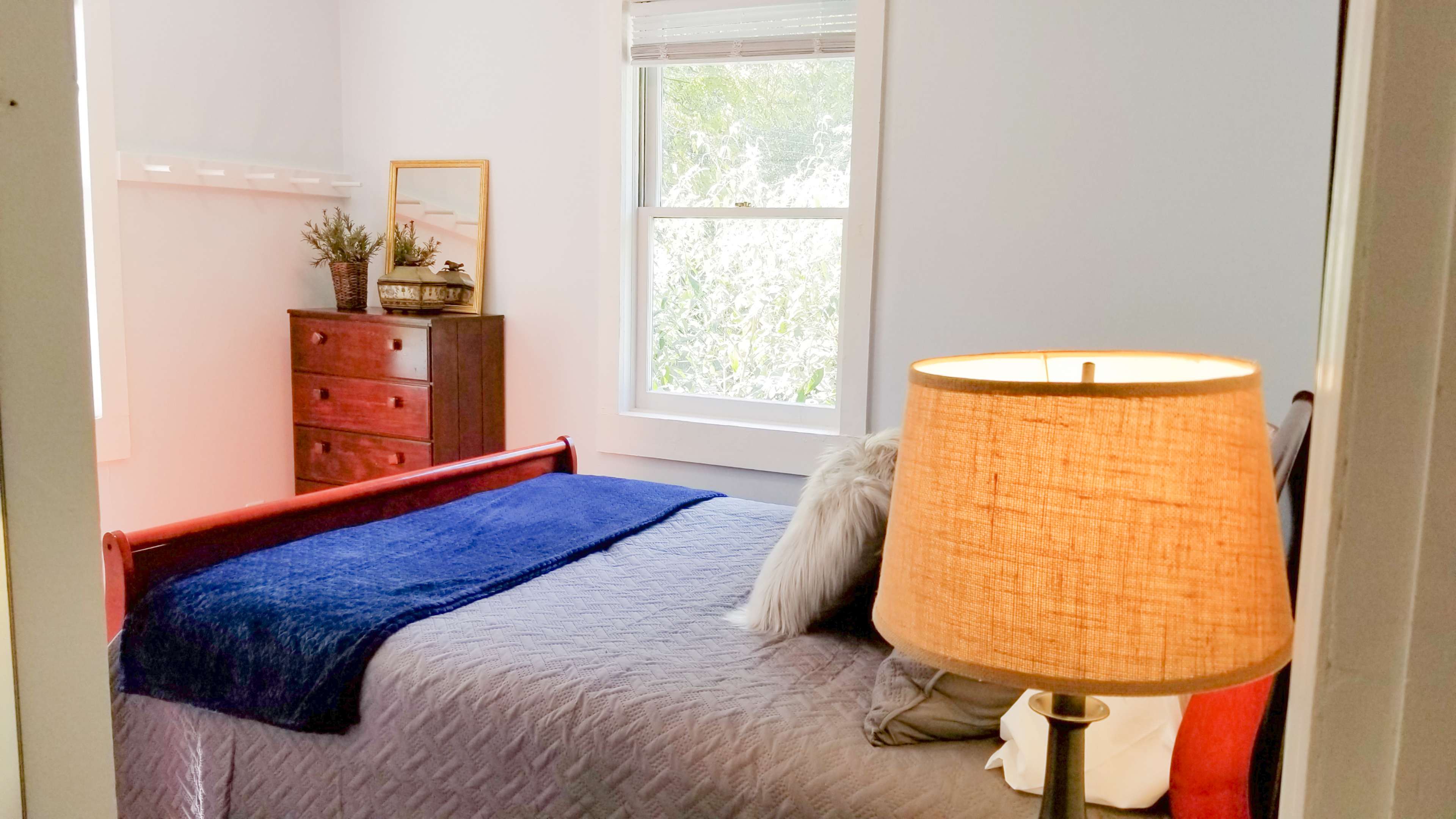 A cozy bedroom featuring a bed with a blue blanket, a wooden dresser, and a lamp beside the bed.