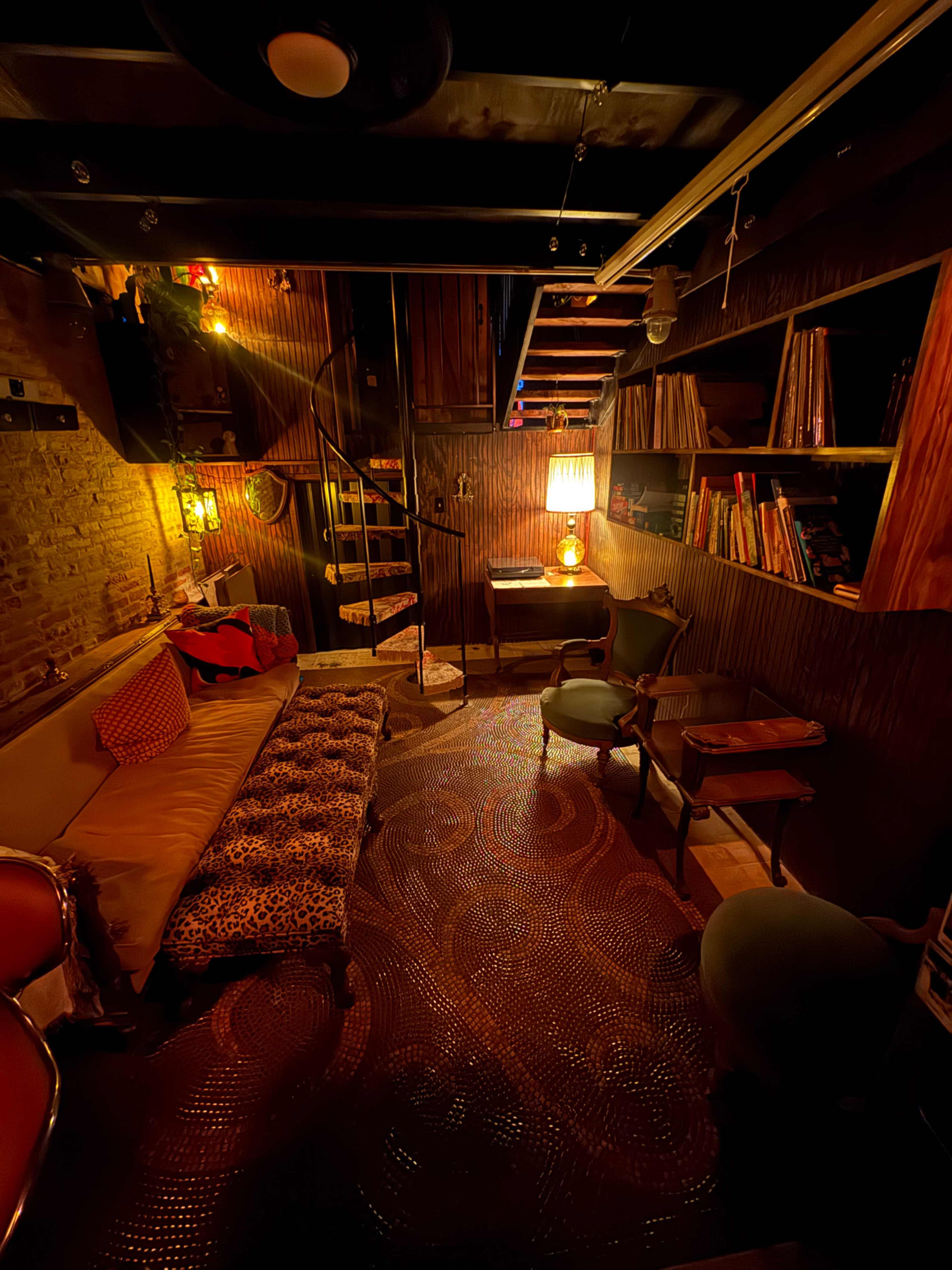 The image shows a dimly lit lounge with a spiral staircase, a unique patterned rug, and various bookshelves along the walls.