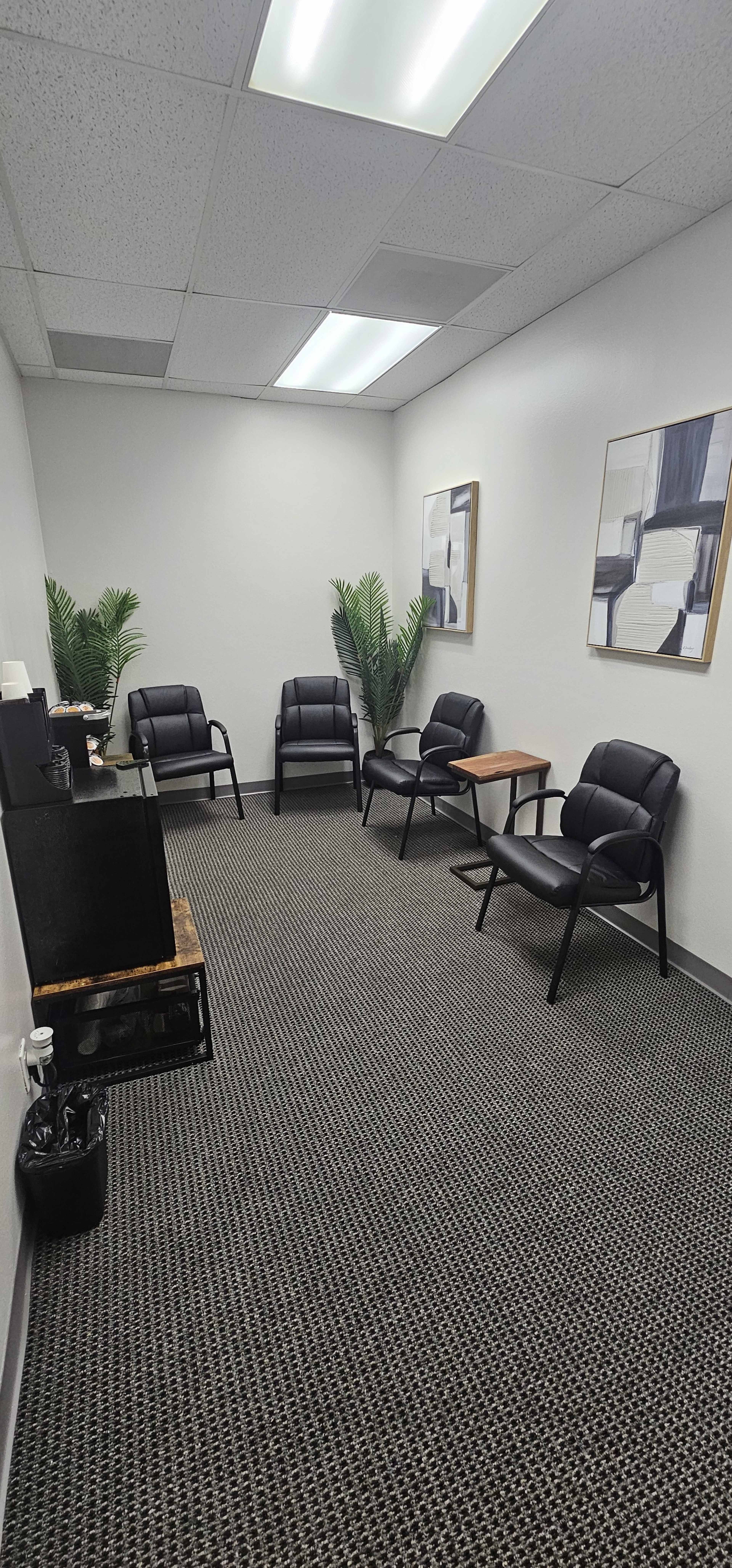 The image shows a waiting room with four black chairs, two potted plants, a small side table, and a television in the corner.