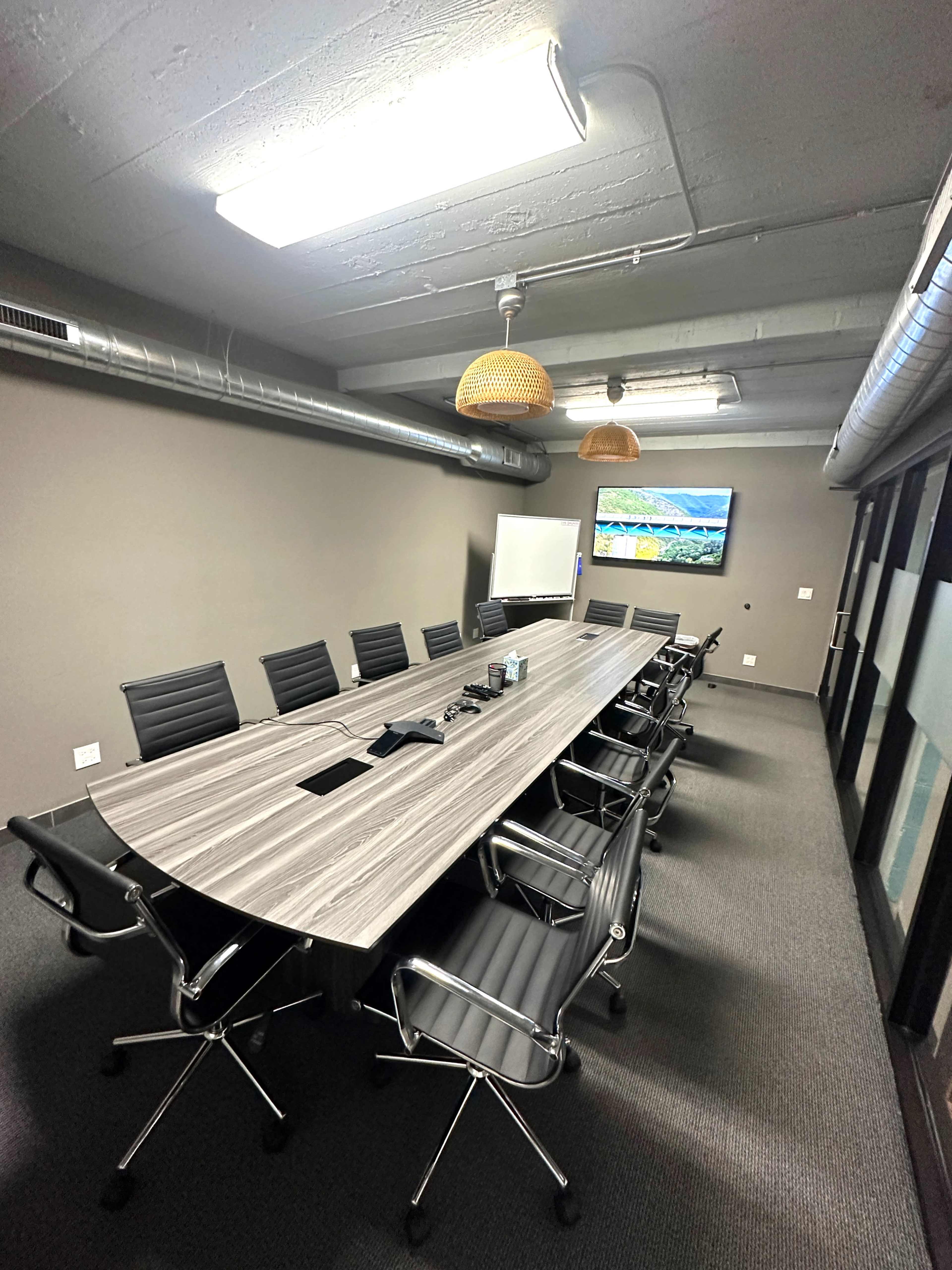 A modern conference room features a long oval table surrounded by black chairs, with a television mounted on the wall and large windows along one side.