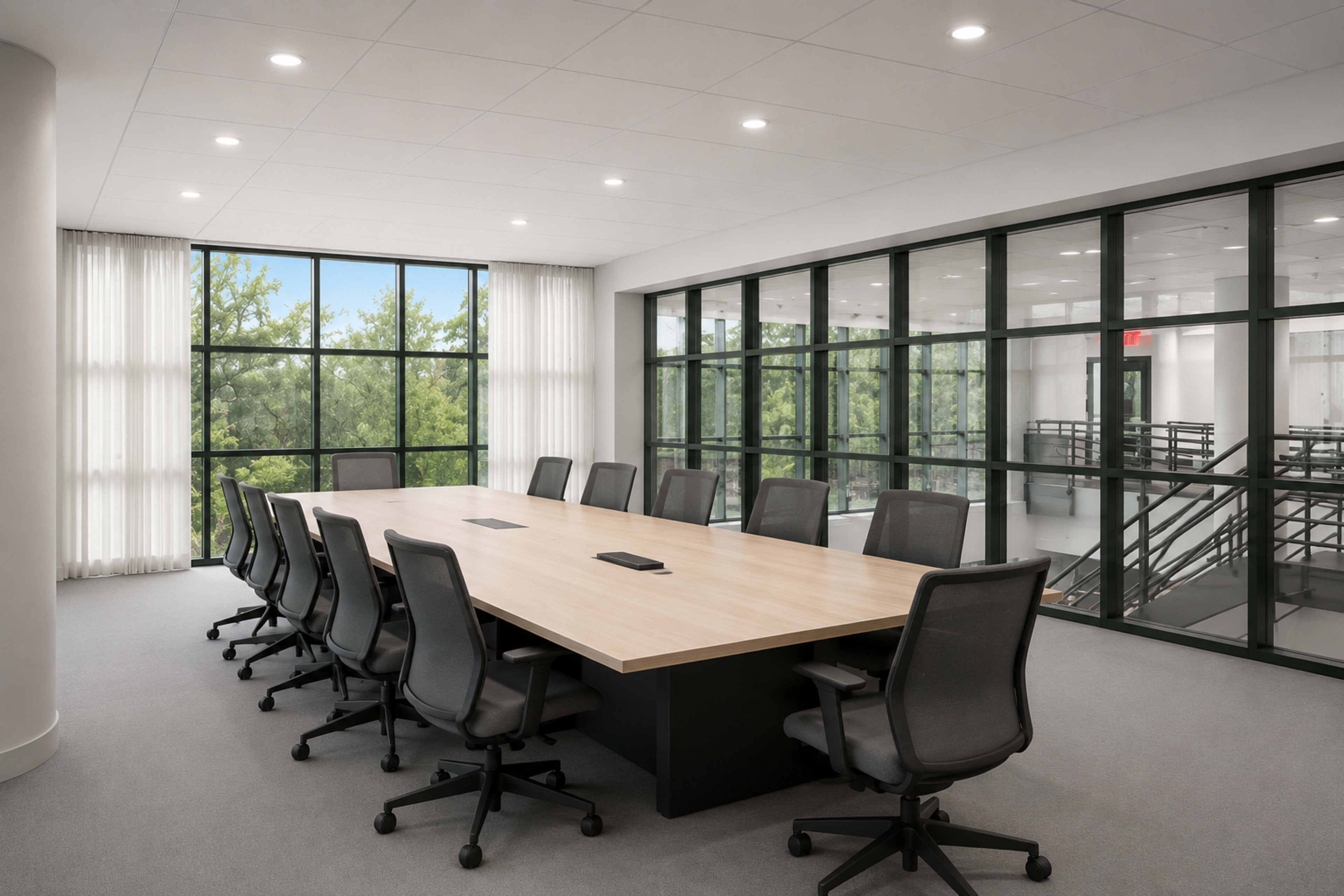 A spacious conference room features a long wooden table surrounded by ergonomic office chairs, with large windows providing views of greenery outside.