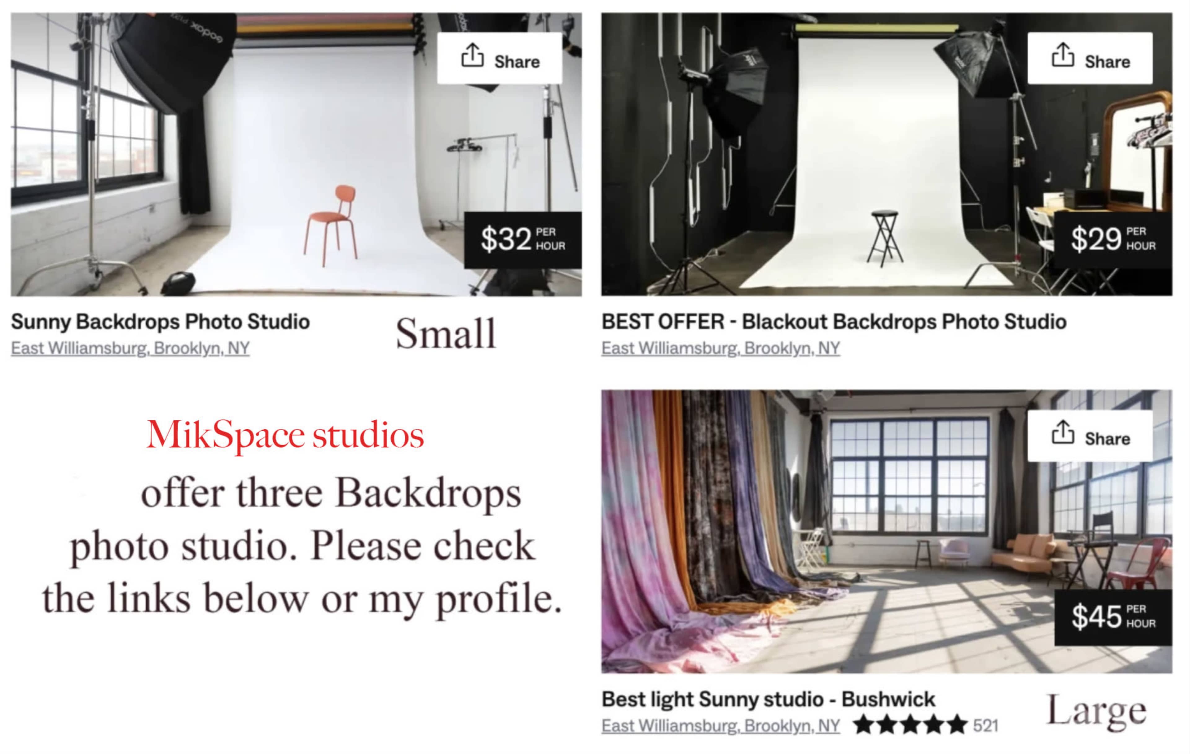A grid of photo studio offerings, showcasing three different backdrops and their respective prices in East Williamsburg and Bushwick, Brooklyn.