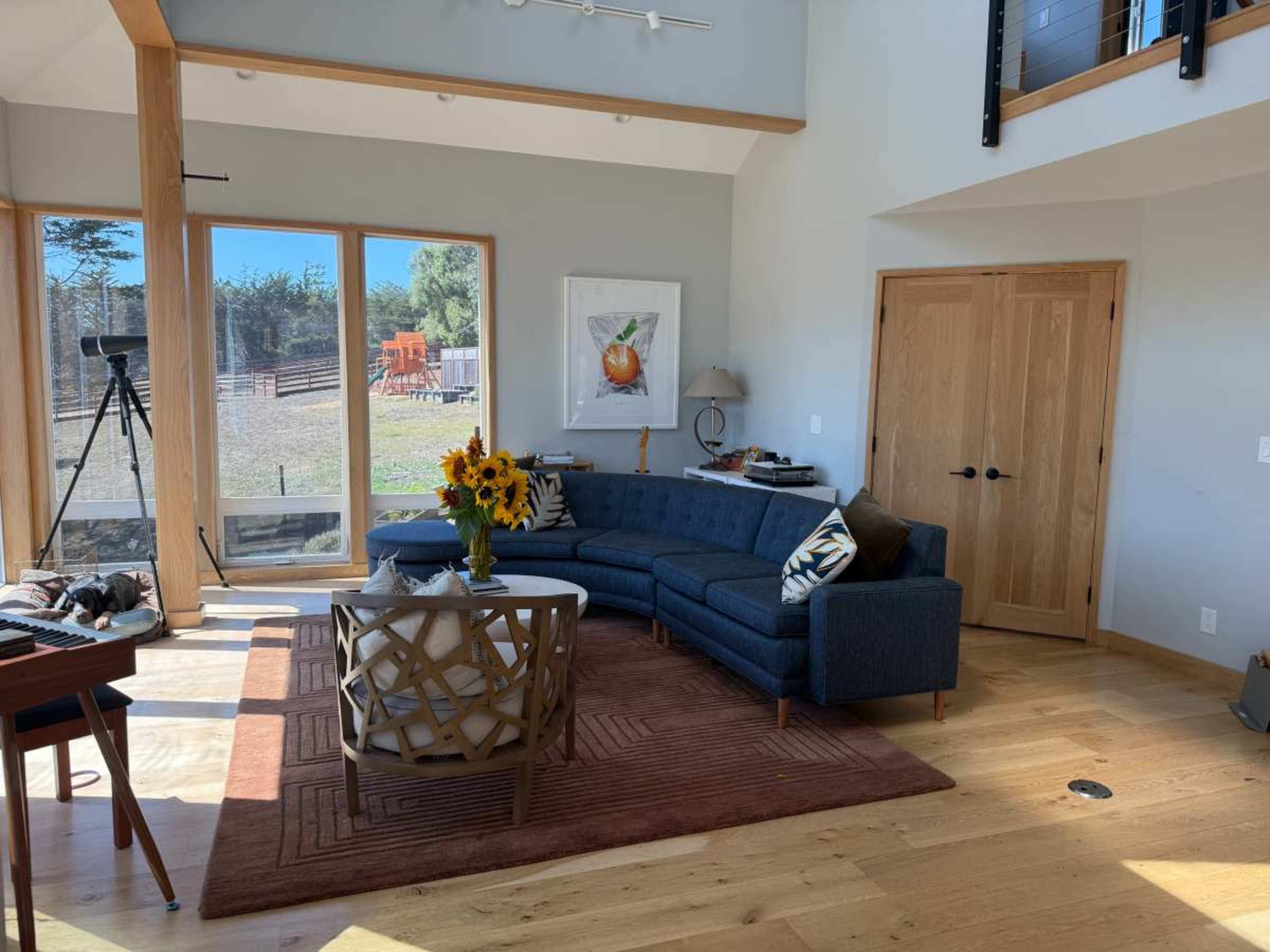 The living room features a blue curved sofa, a round coffee table with a geometric design, and large windows that provide a view of the outside.