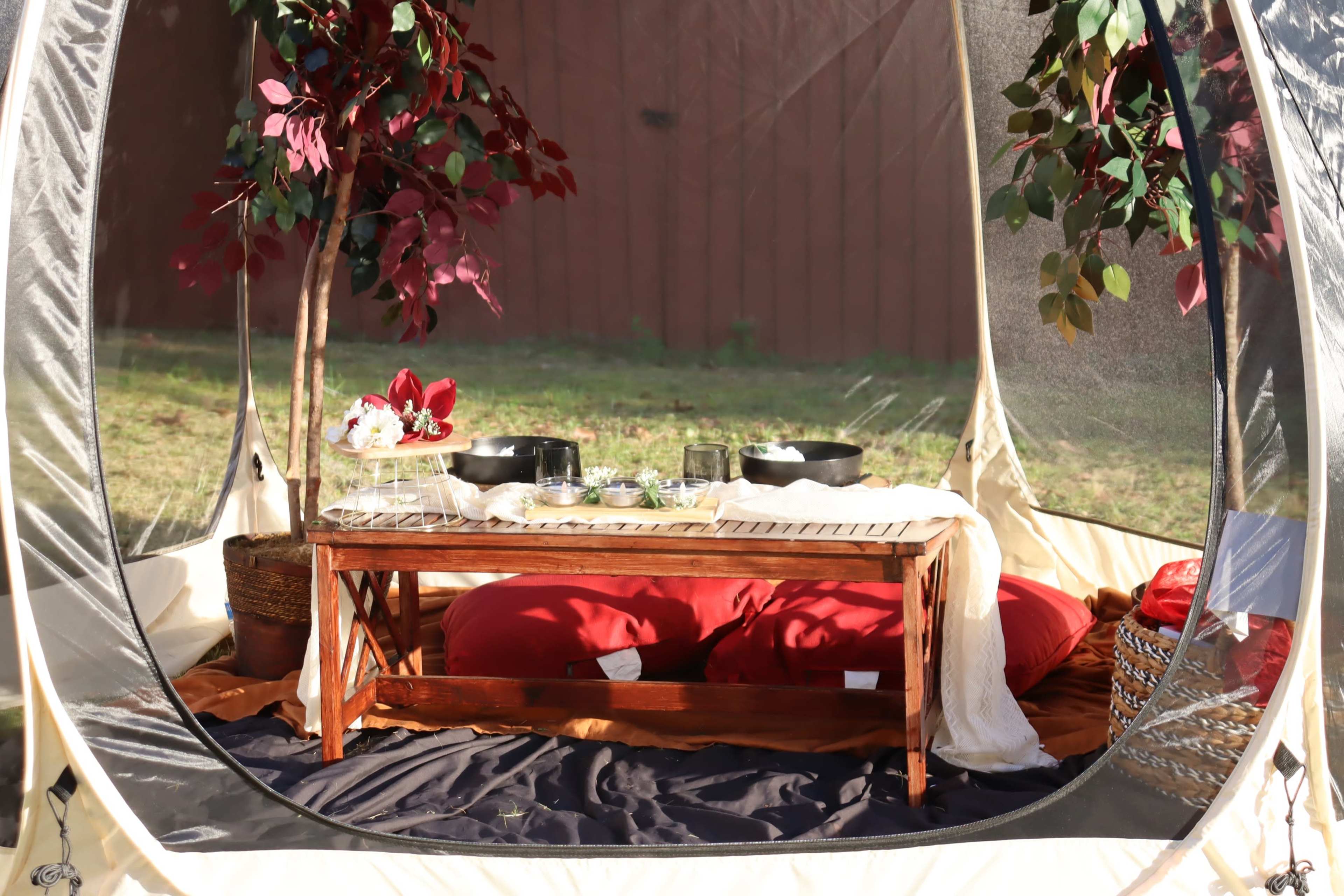 A tent setup features a low wooden table, decorative cushions, and potted plants, creating an inviting dining atmosphere.