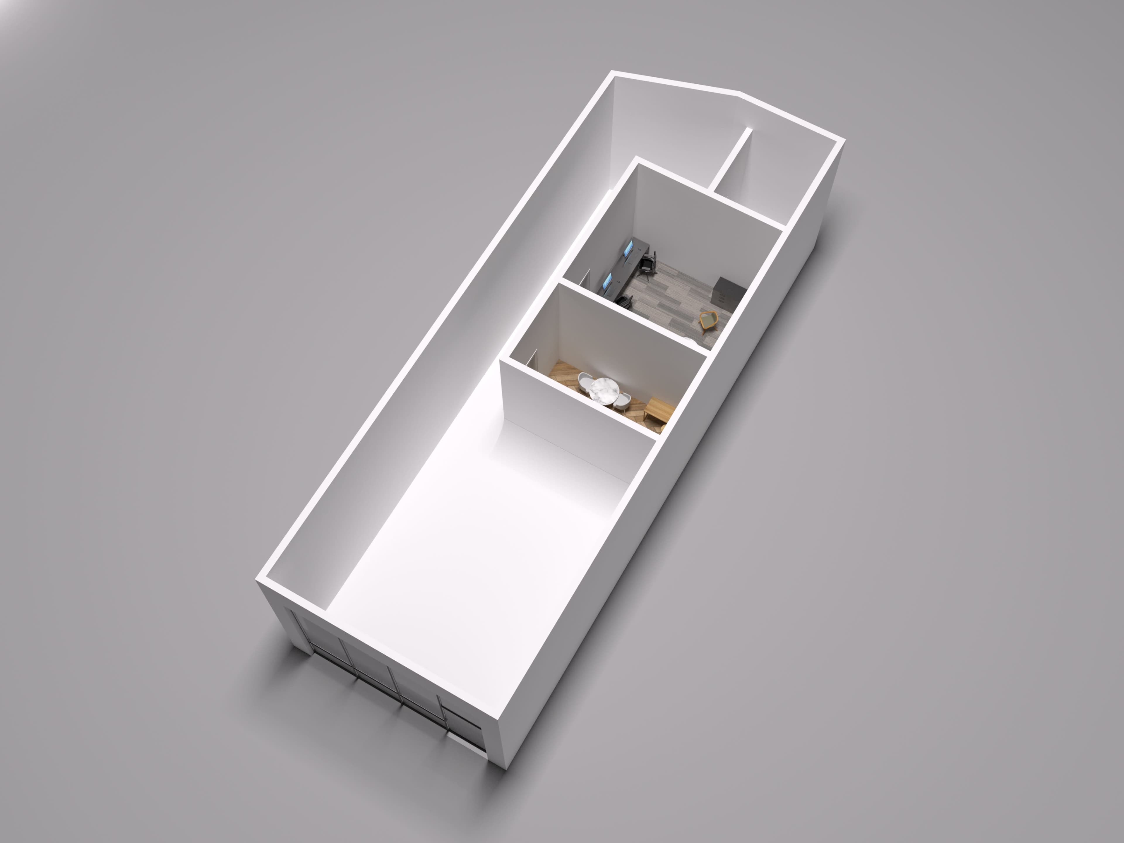 The image shows a 3D floor plan of a rectangular room divided into three sections.