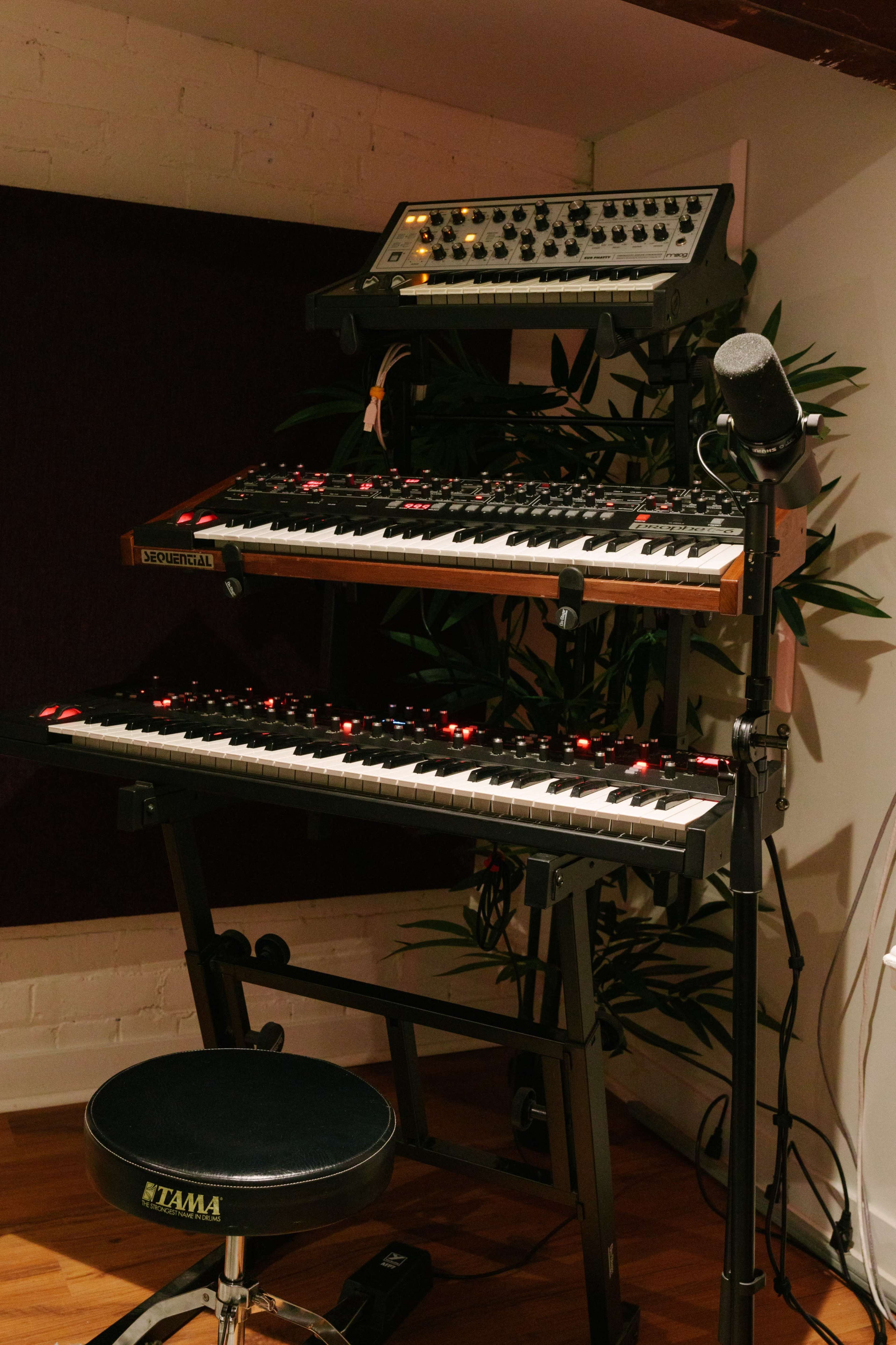 The image shows a multi-tiered keyboard stand with two synthesizers and a microphone, set in a studio space with a green plant in the background.