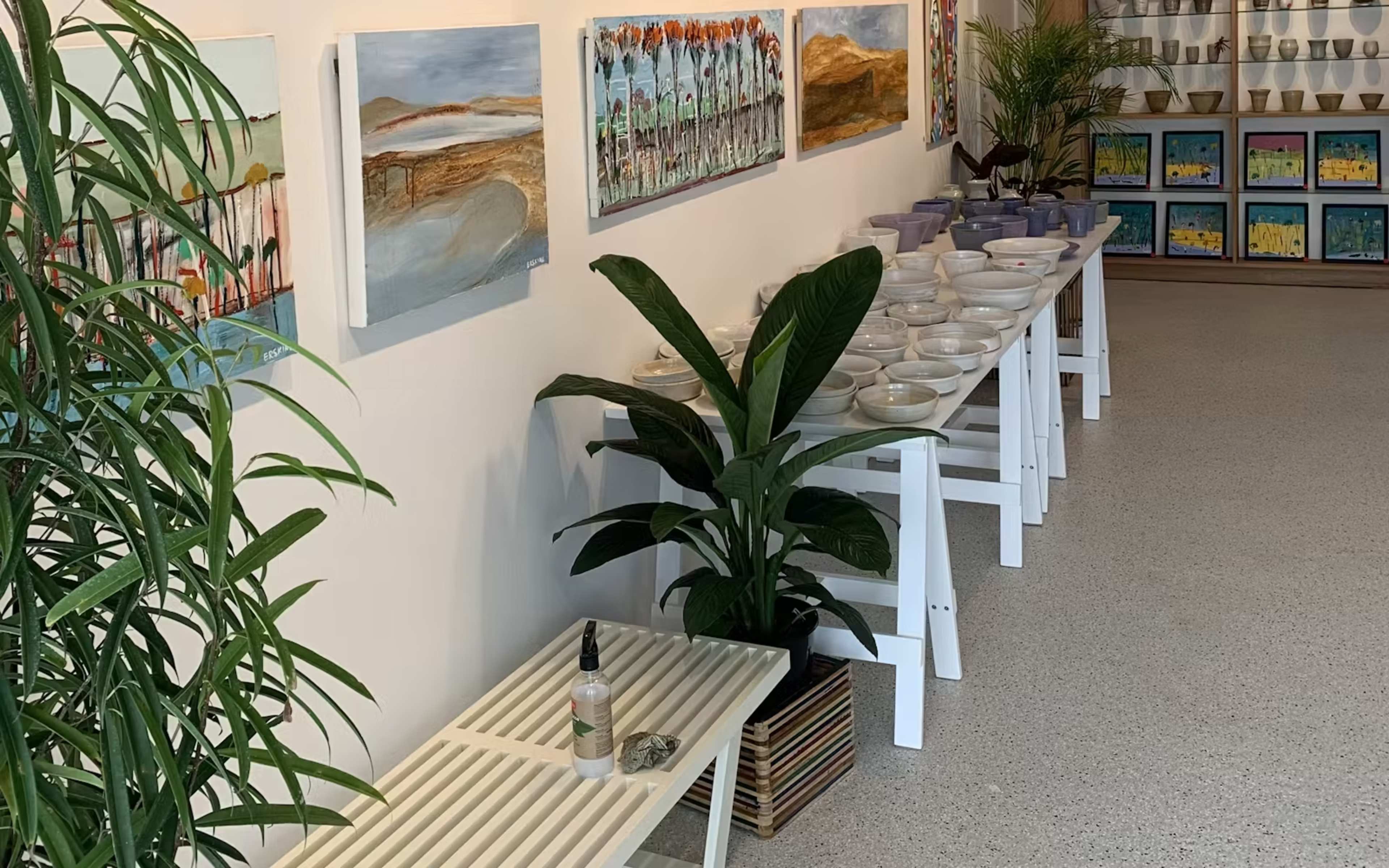 A gallery space featuring a row of white tables with various bowls, artworks hanging on the walls, and potted plants.