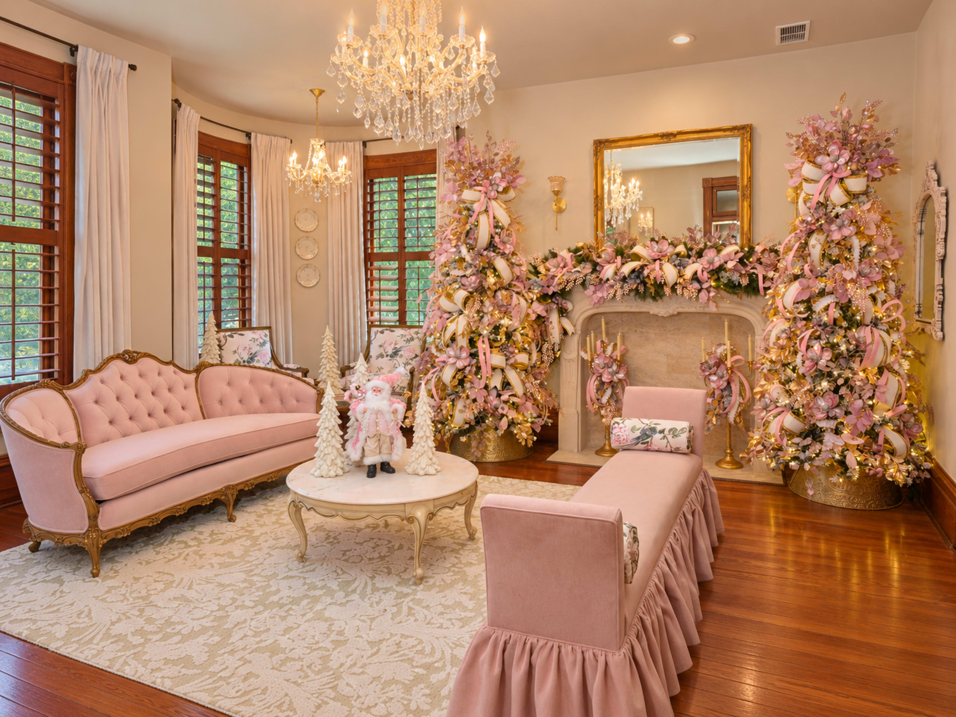 The room features elegant pink furniture and decor, with a centerpiece of decorated Christmas trees flanking a beautifully adorned fireplace.