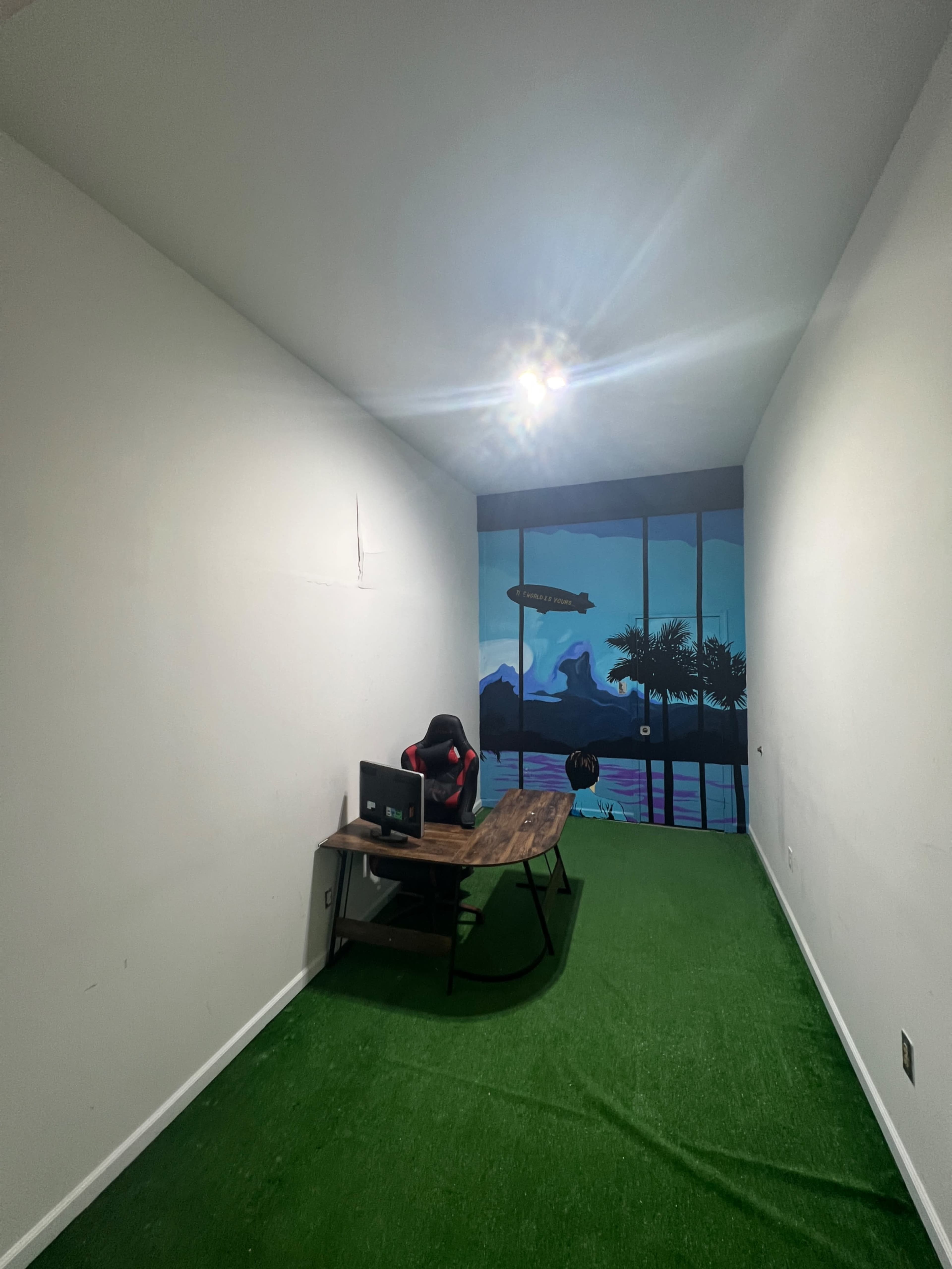 A narrow room with a wooden table and a computer setup, featuring a large mural of a scenic landscape on one wall.