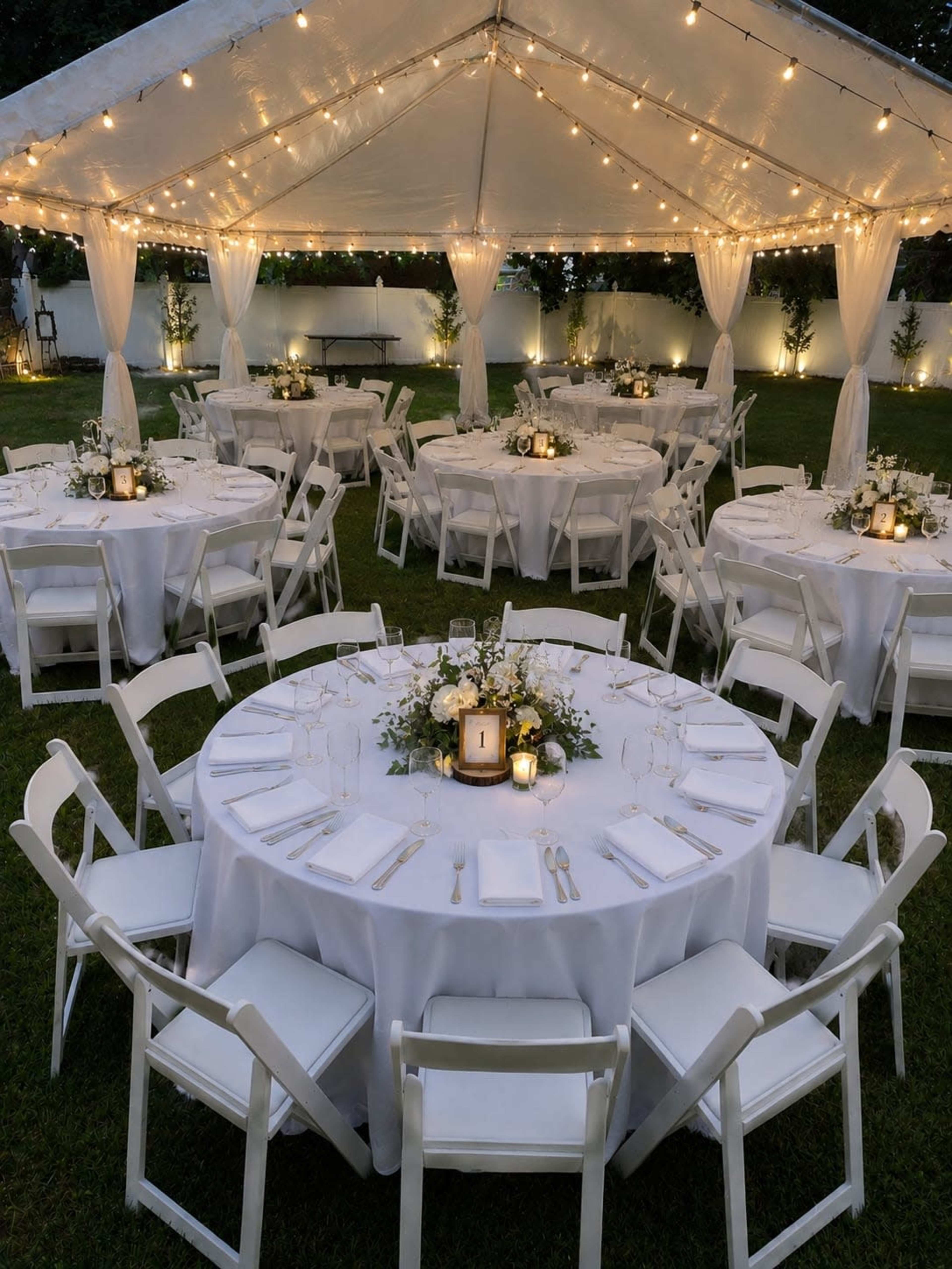 A tented outdoor space features round tables adorned with white tablecloths and centerpieces, illuminated by string lights above.