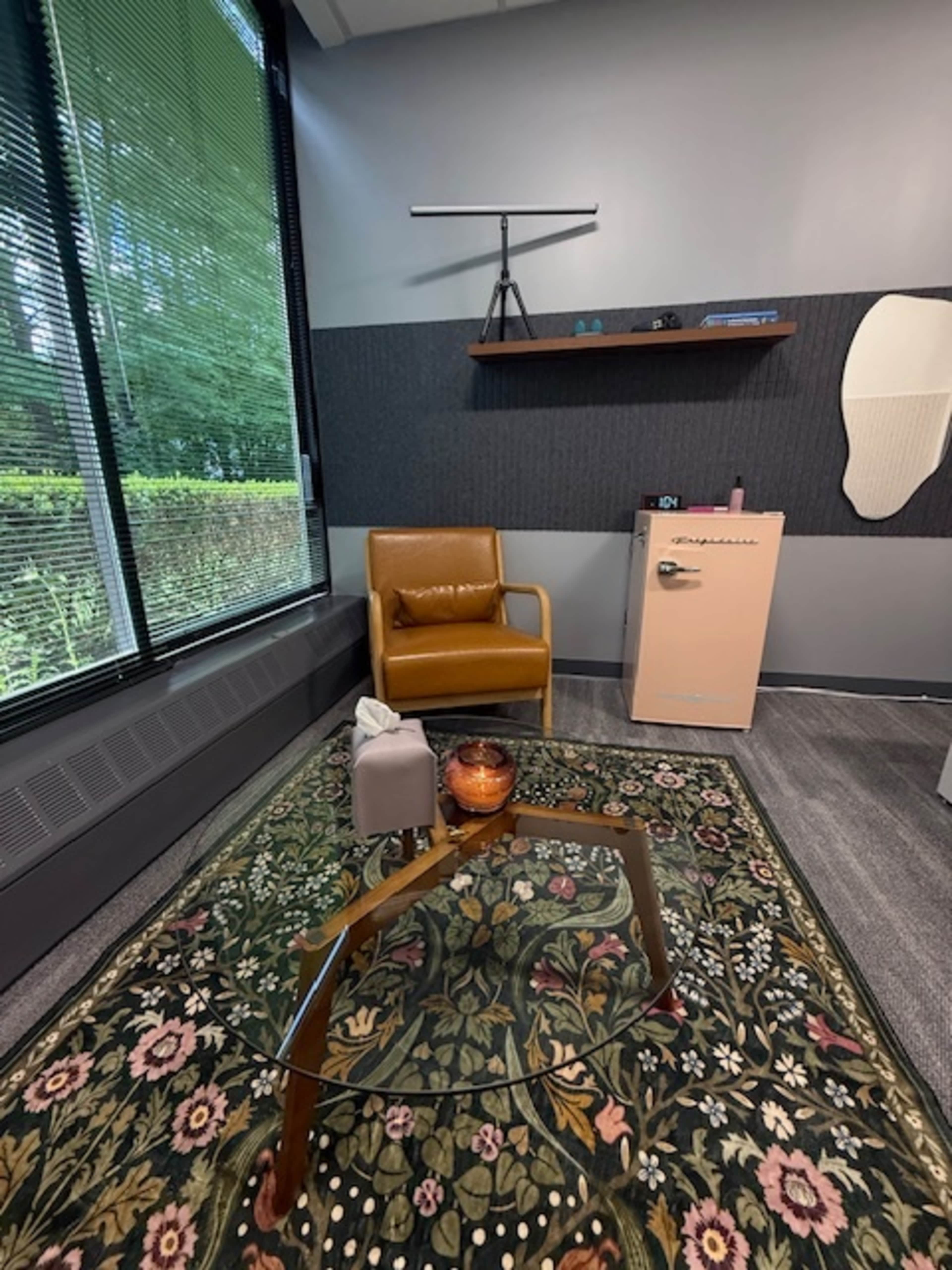 The image shows a small office or therapy room featuring a brown armchair, a glass coffee table, and a decorative rug, with large windows letting in natural light.