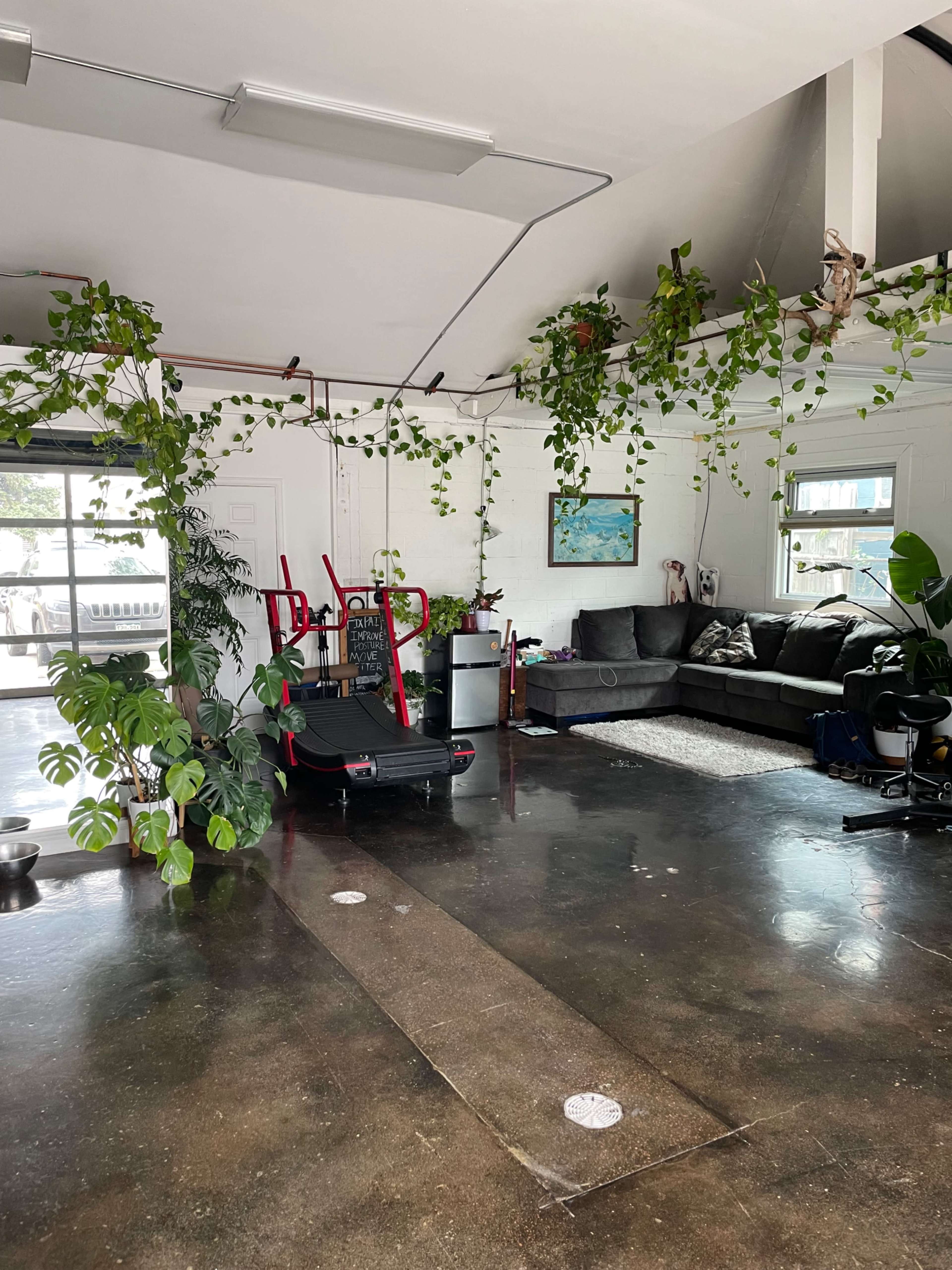 The image shows a bright, open space styled as a combined gym and living area, featuring a treadmill, a sectional sofa, and various plants hanging from the ceiling and placed around the room.