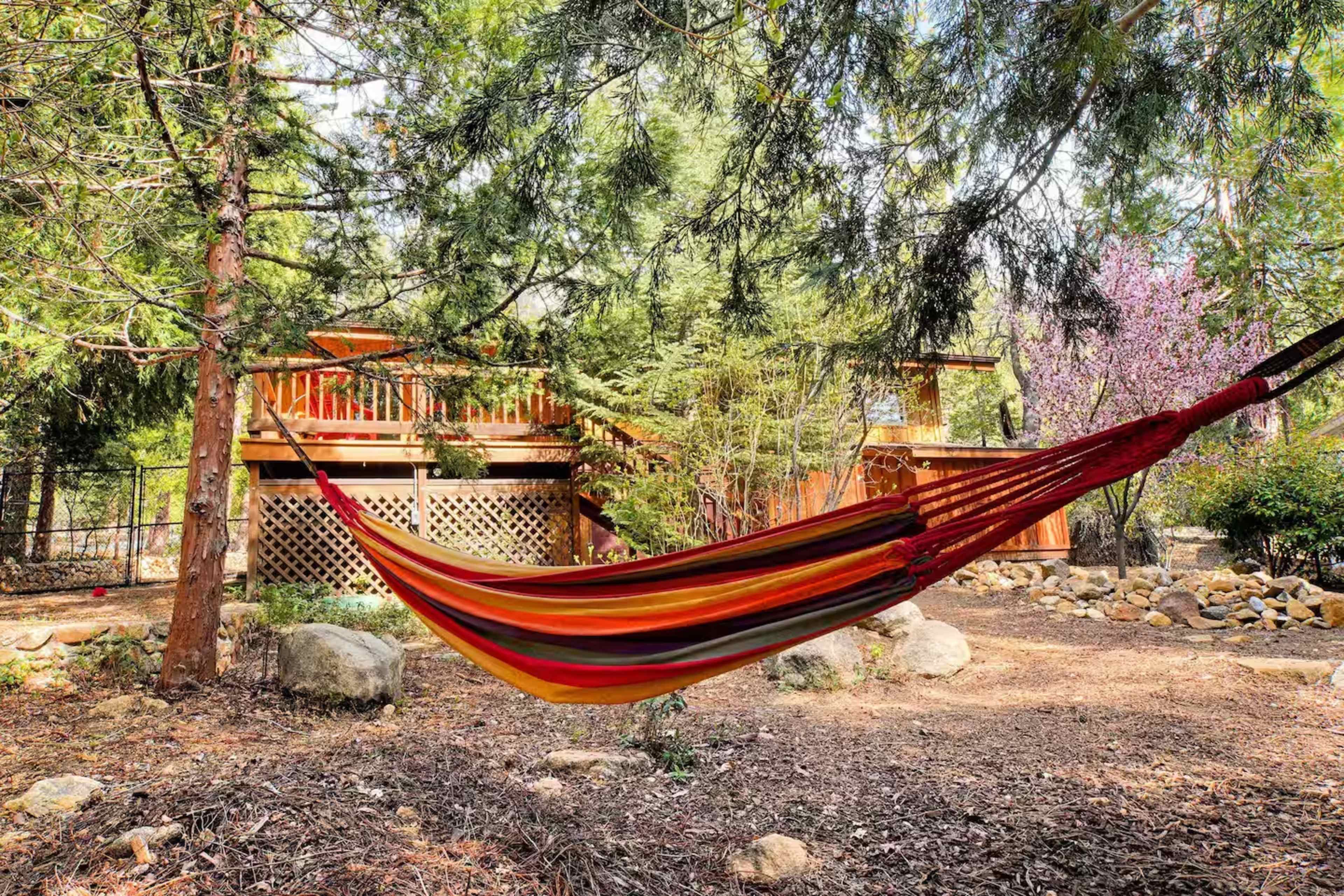 A colorful hammock hangs between trees in a wooded area, with a wooden deck visible in the background.