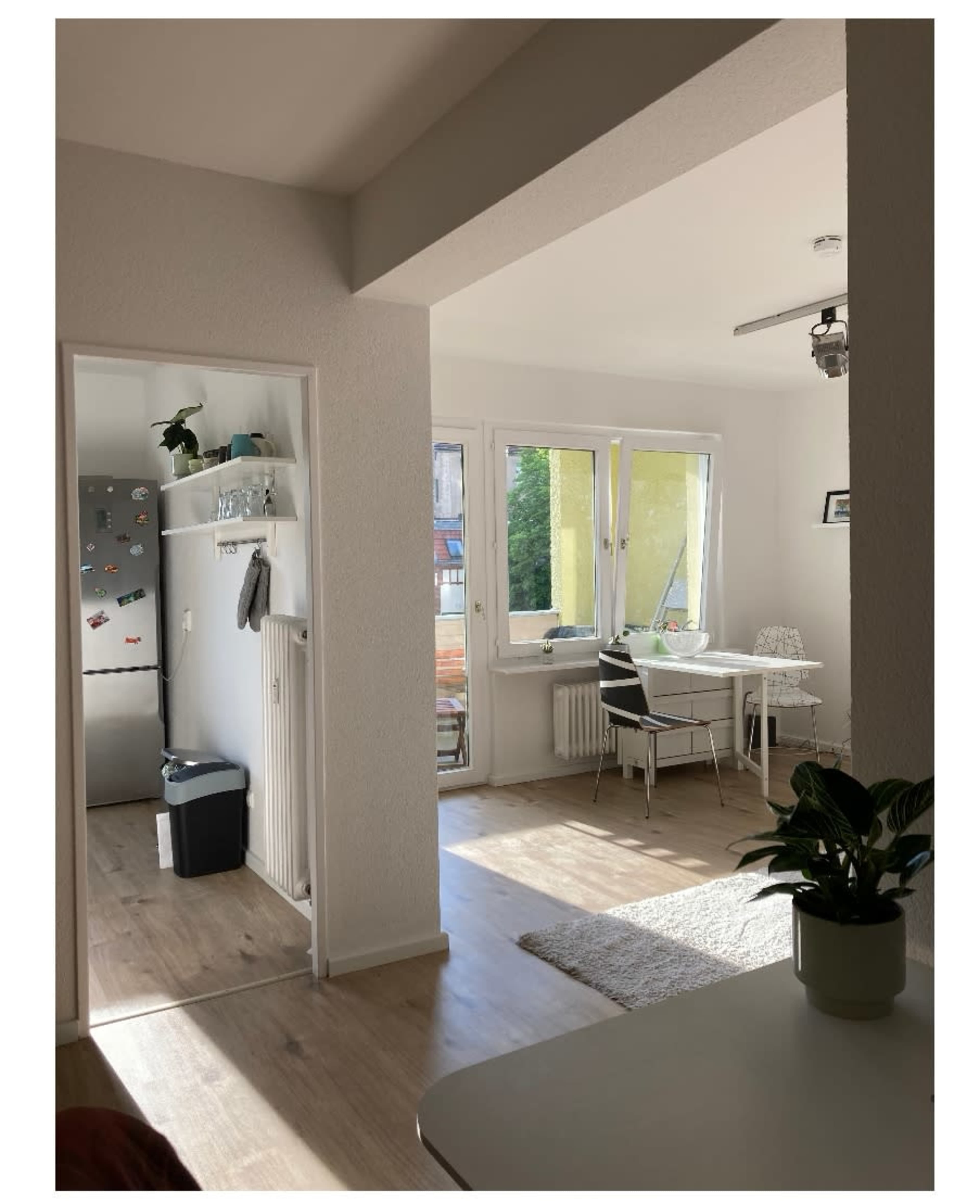 A bright, modern kitchen and dining area with a table and chairs, natural light streaming through large windows, and a glimpse of a refrigerator and rug.