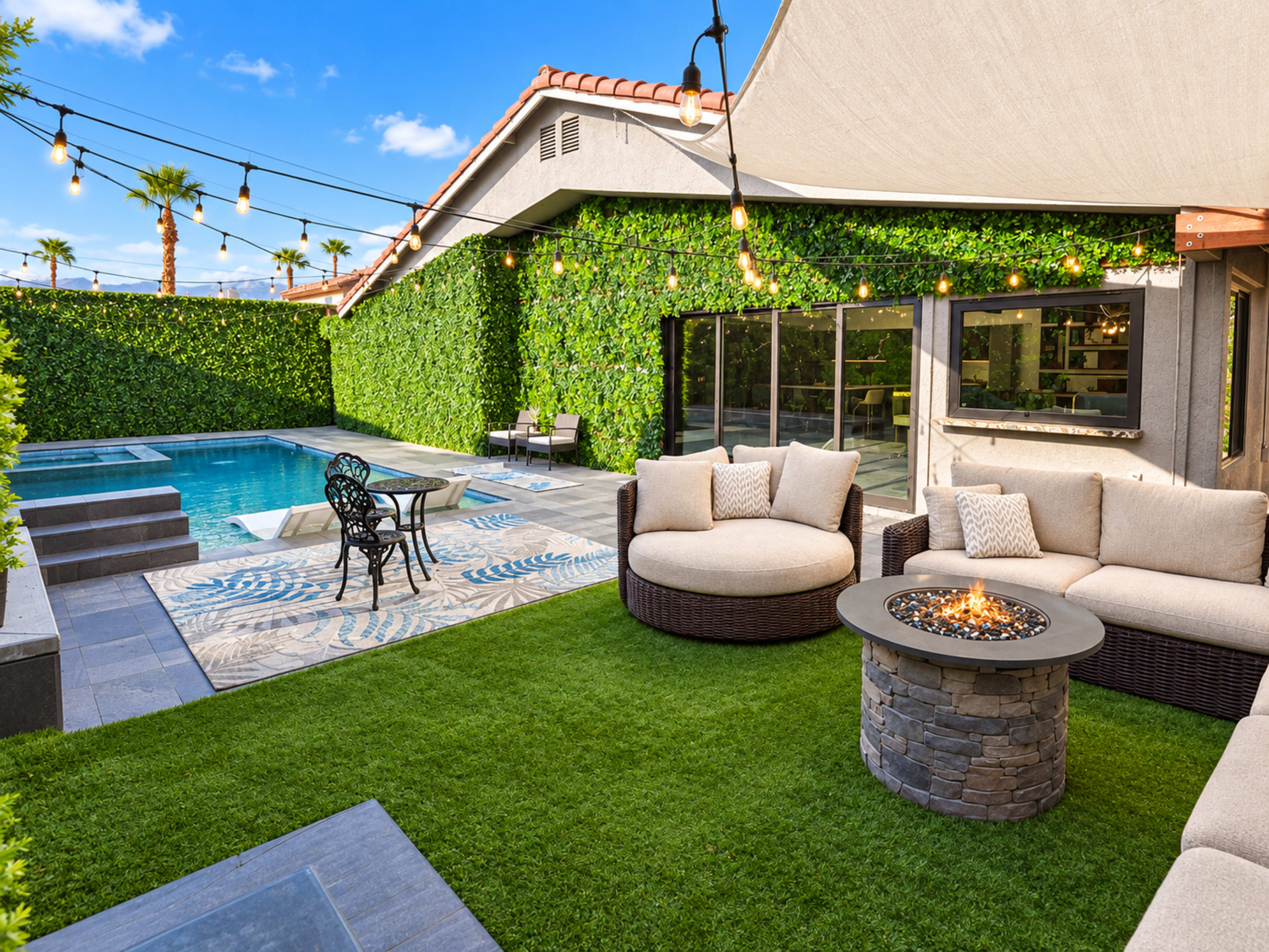 The image shows a modern backyard with a swimming pool, a fire pit, patio furniture, and lush greenery along the walls.