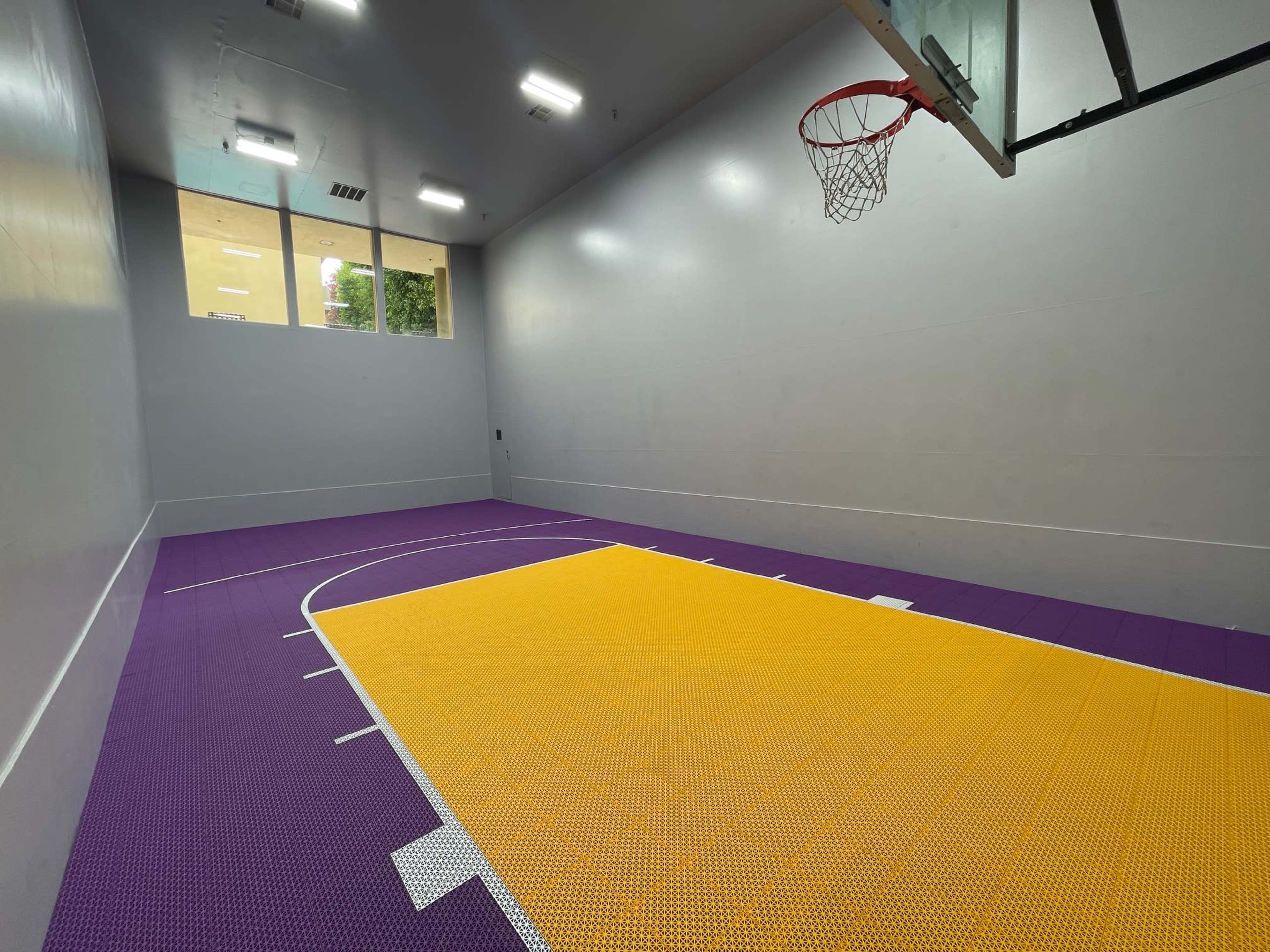 An indoor basketball court with a yellow playing area and purple flooring, featuring a hoop mounted on the wall.