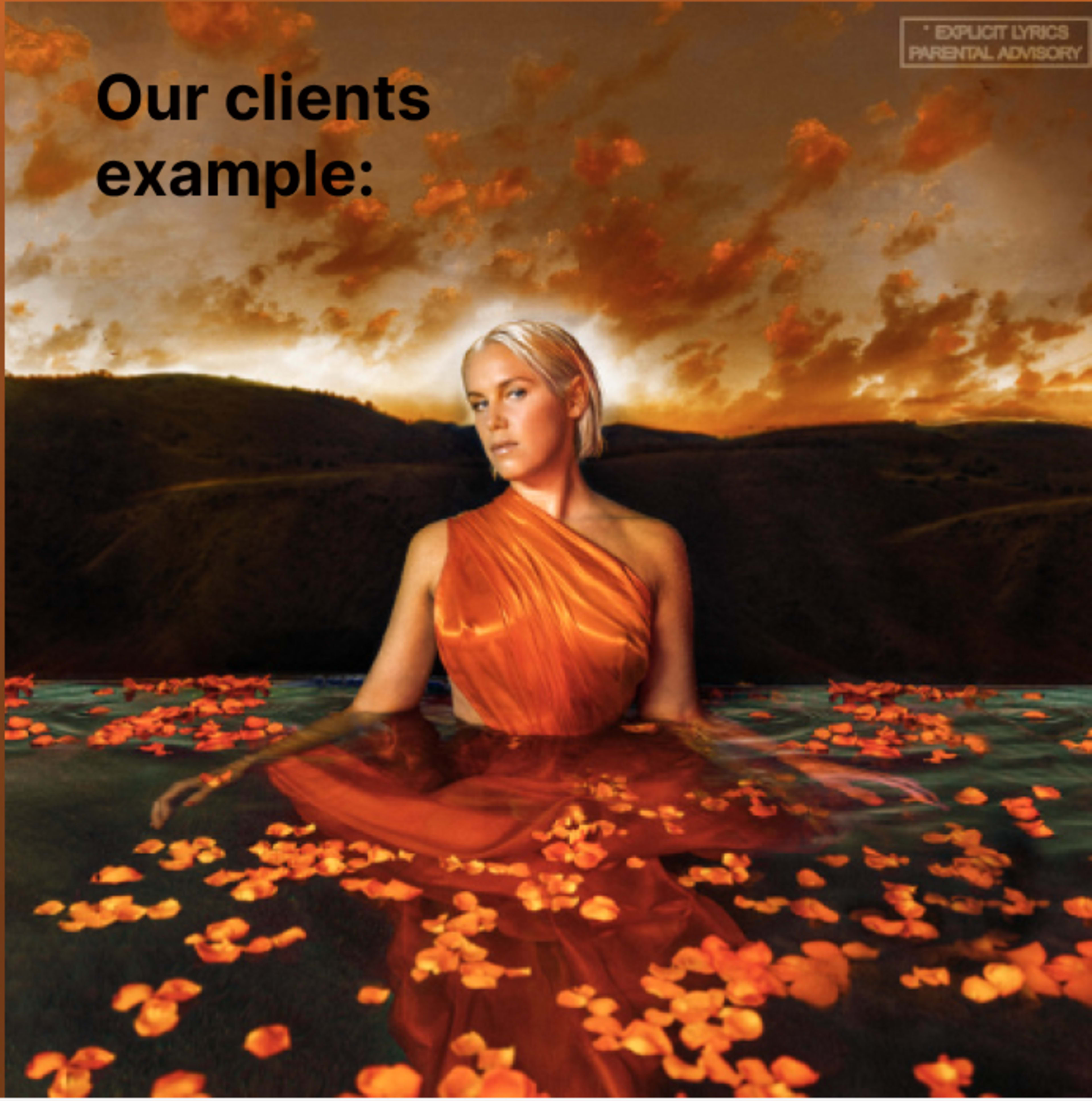 A woman in a flowing orange dress sits in water surrounded by floating petals, with a dramatic sunset in the background.