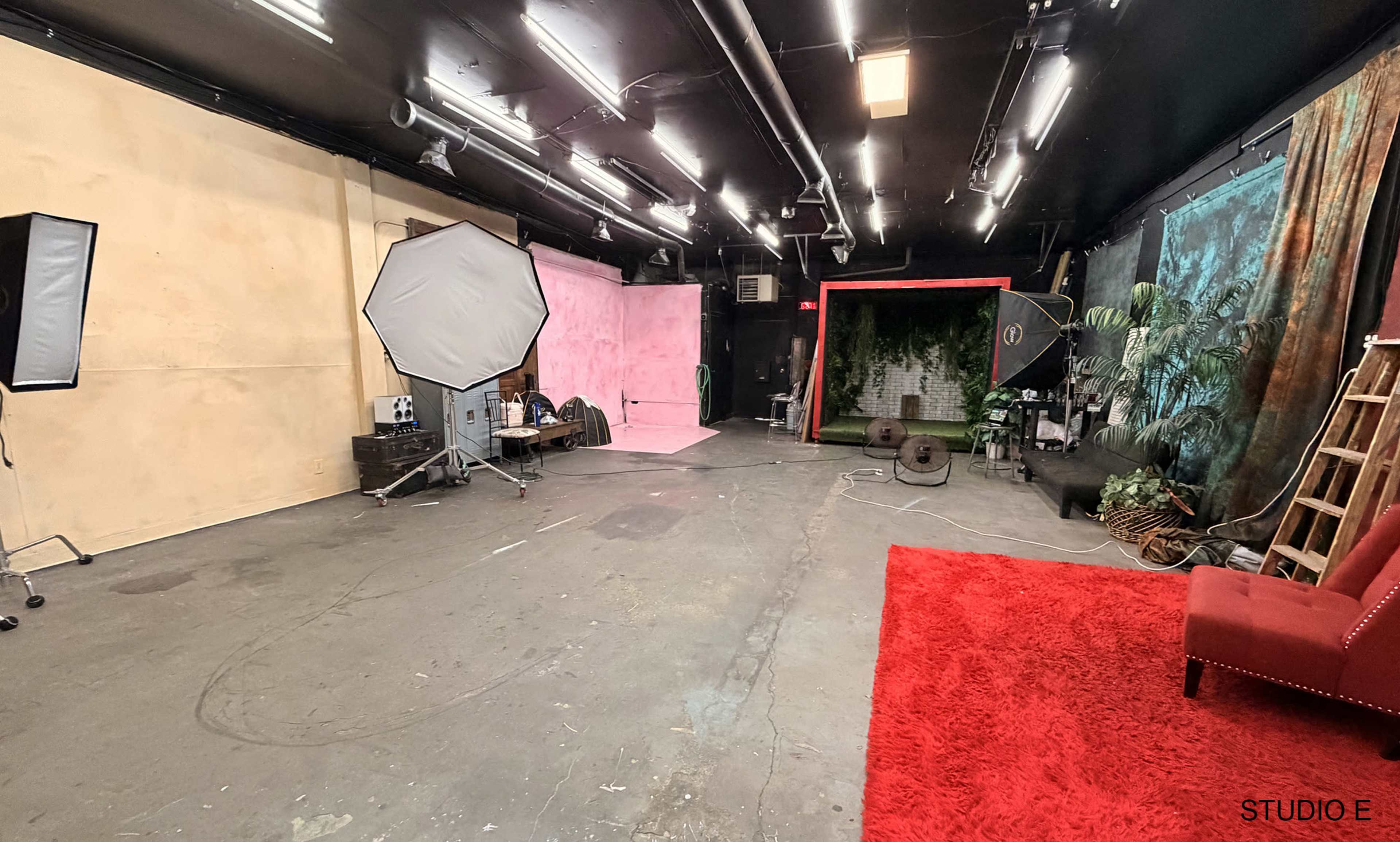 The image depicts a spacious photography studio with multiple lighting setups, backdrops in pink and green, and a red area rug.