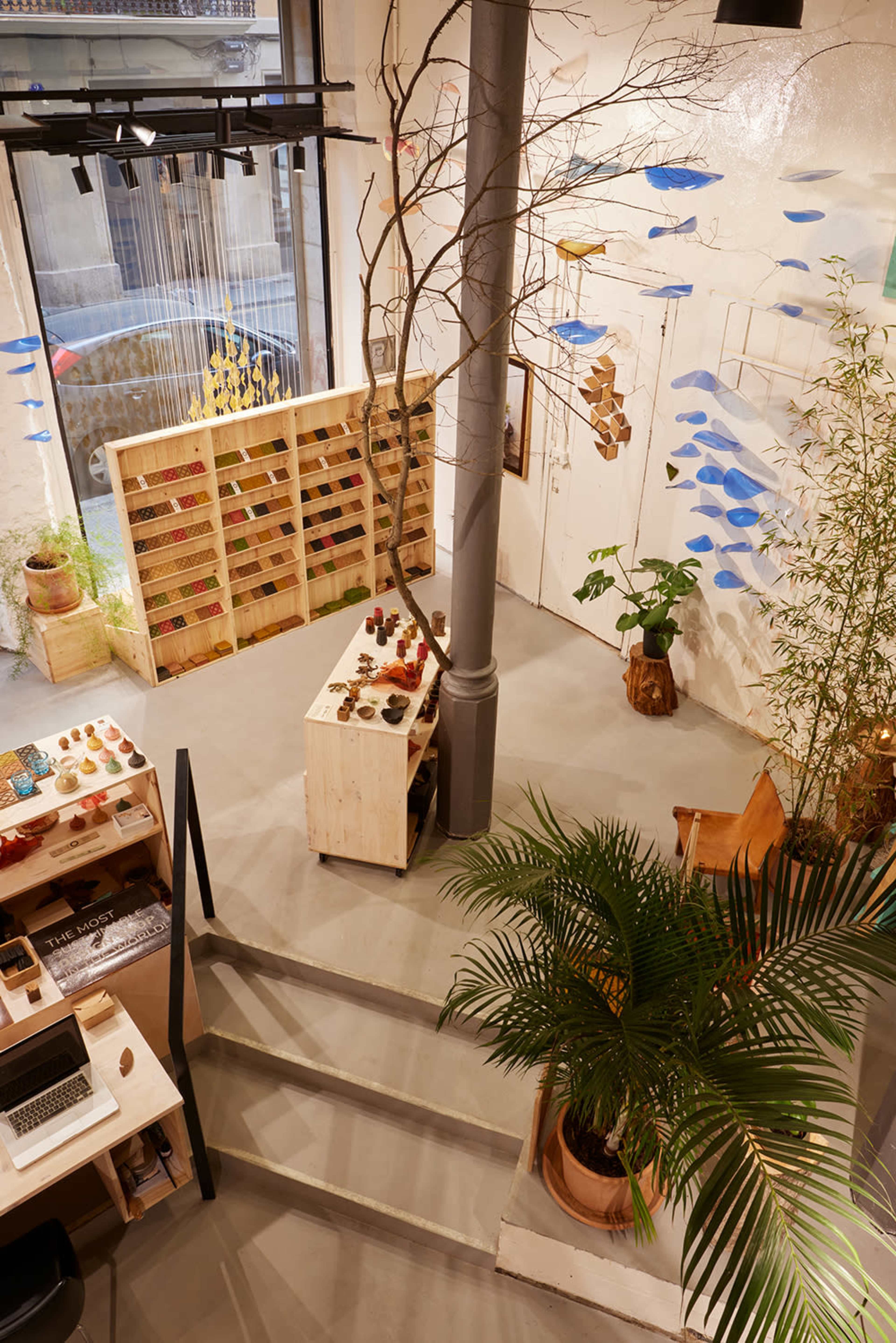 The image shows a modern retail space with wooden displays, green plants, and colorful decorations hanging from the ceiling.