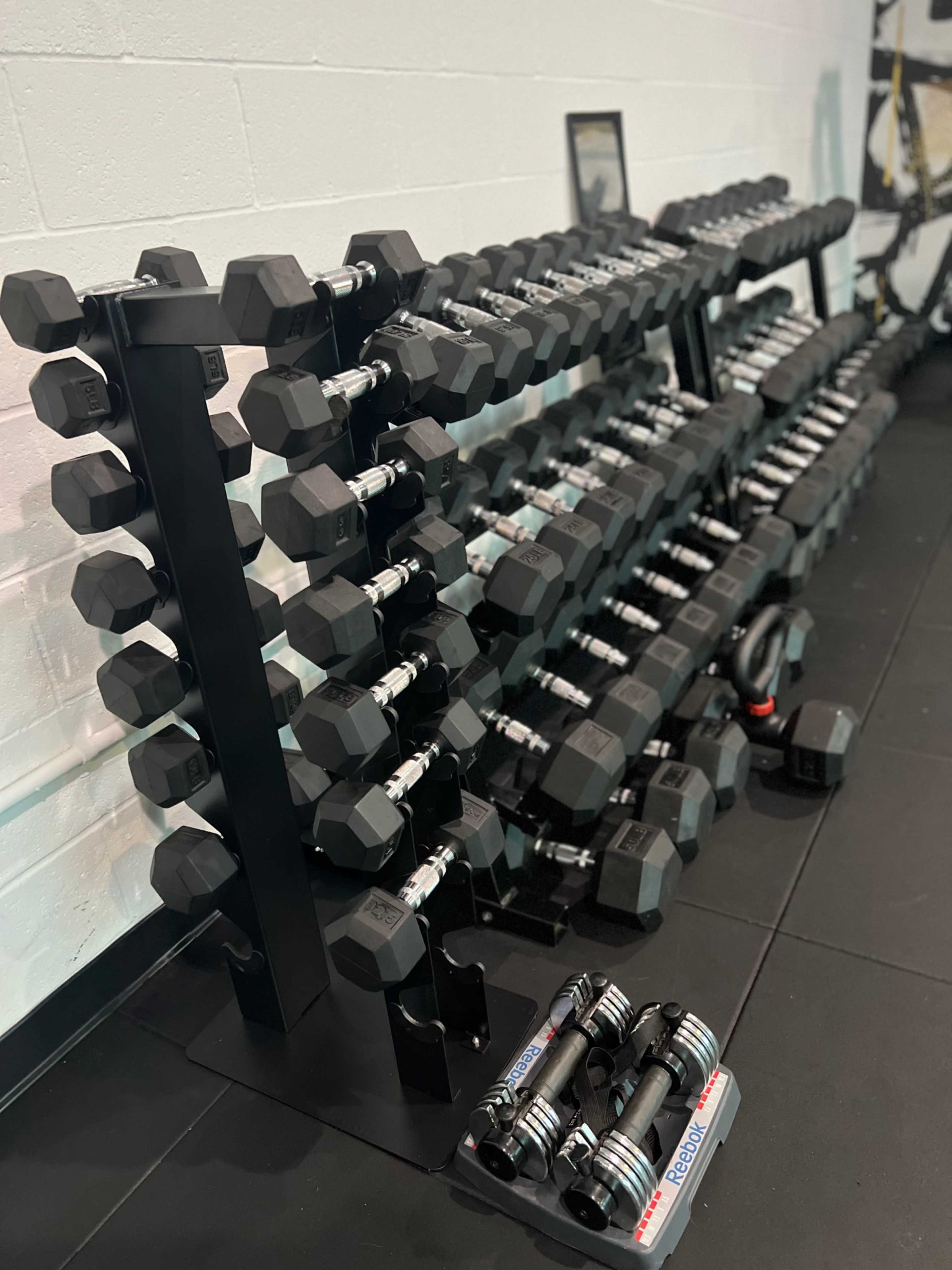 A rack of black hexagonal dumbbells is neatly organized against a white wall in a gym setting.