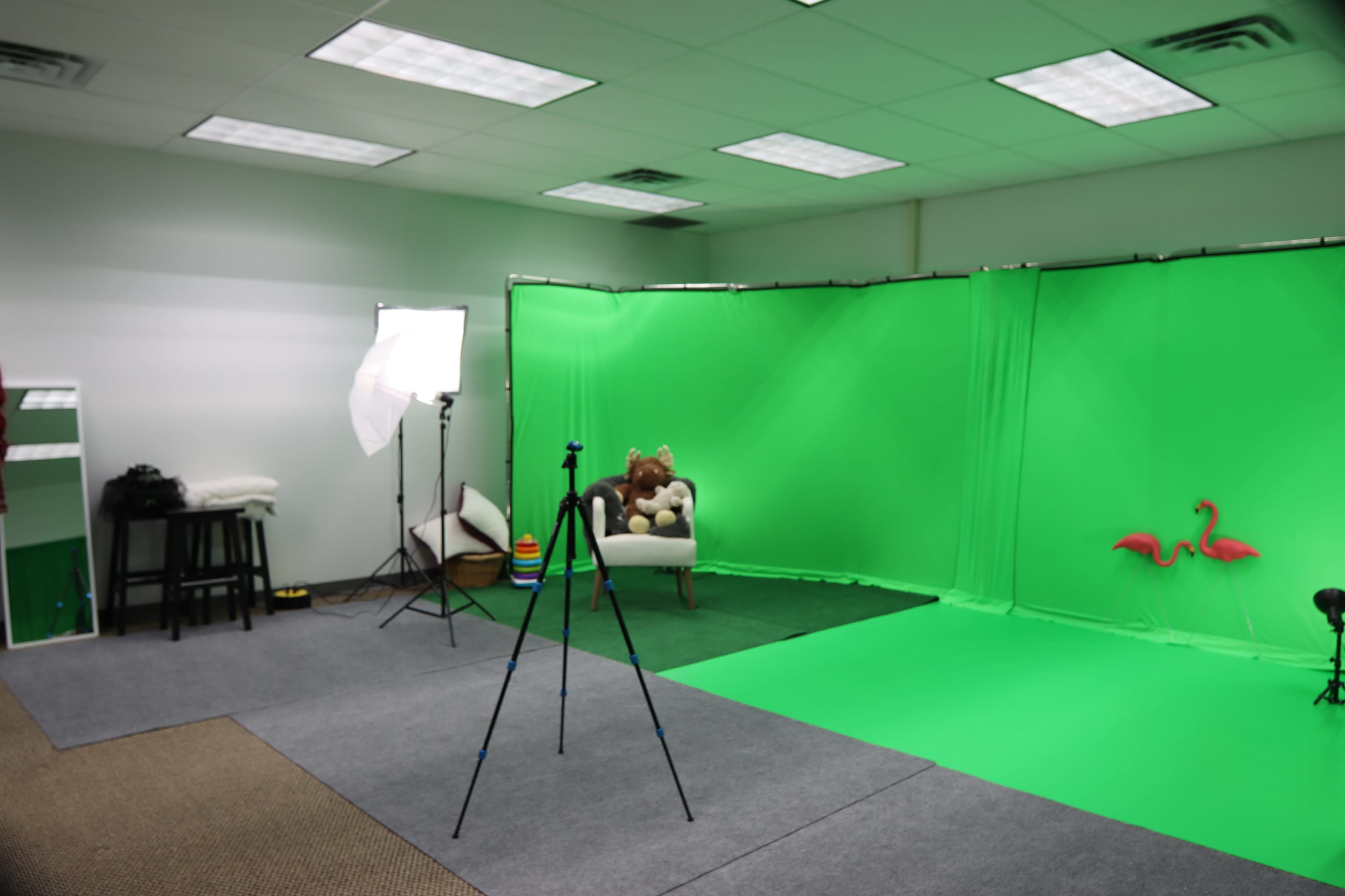 A green screen studio with a chair, a stuffed animal, lighting equipment, and a tripod.
