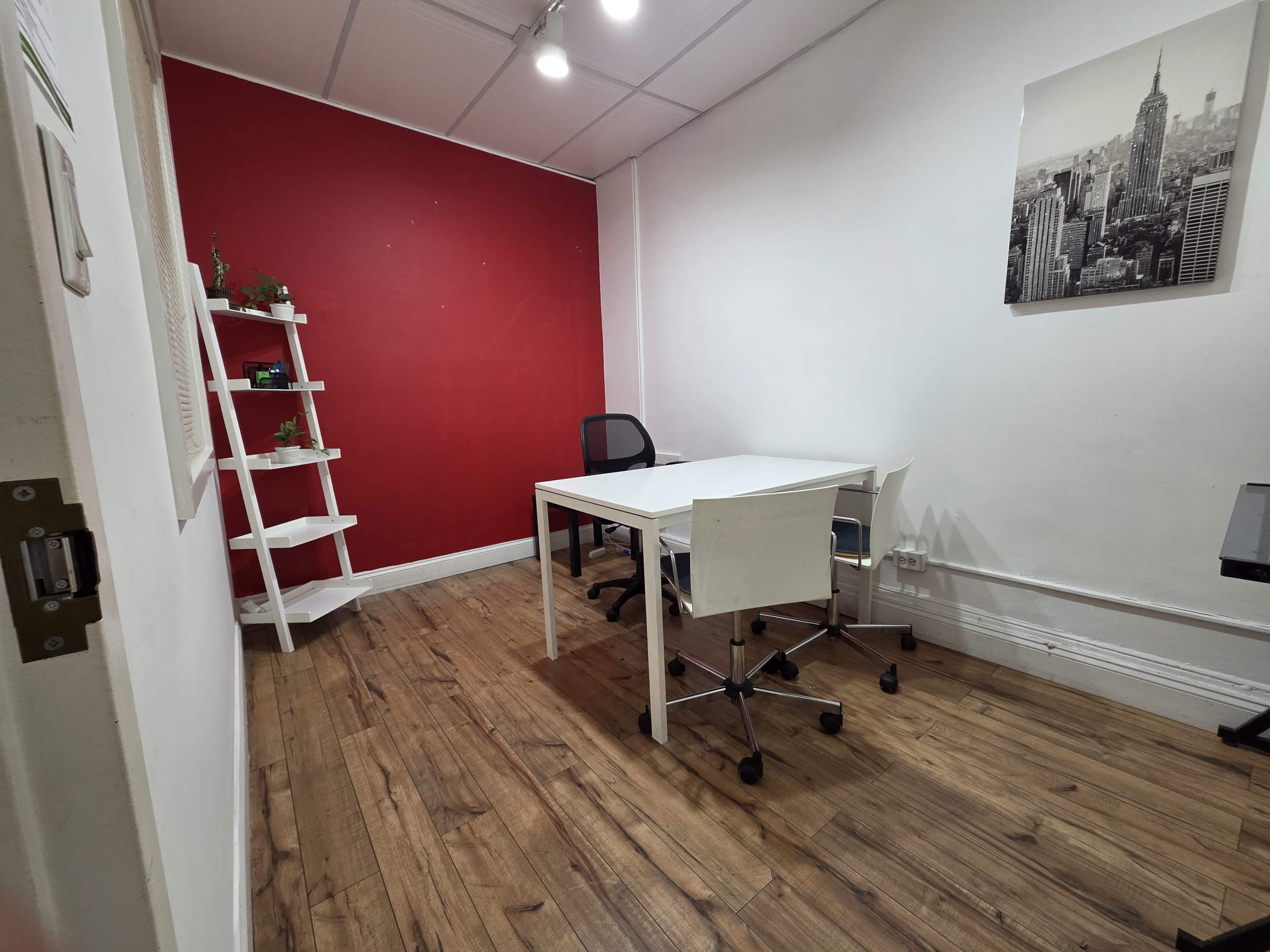 The image shows a small, sparsely furnished office space with a white table, two chairs, a red accent wall, and a shelf with plants.