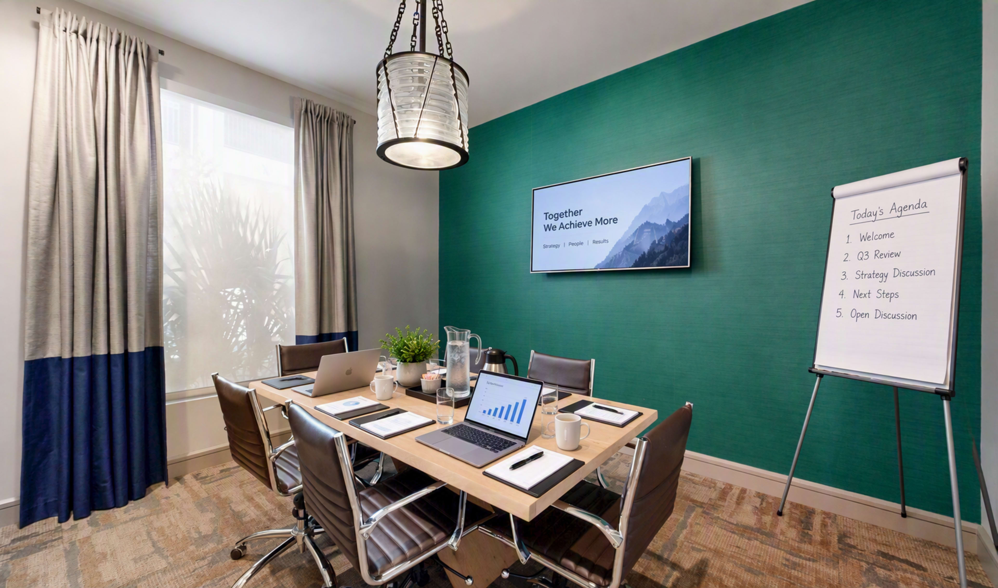 The image shows a modern conference room with a wooden table, various laptops, a water pitcher, and a presentation screen on the wall, while a flip chart stands nearby with an agenda.