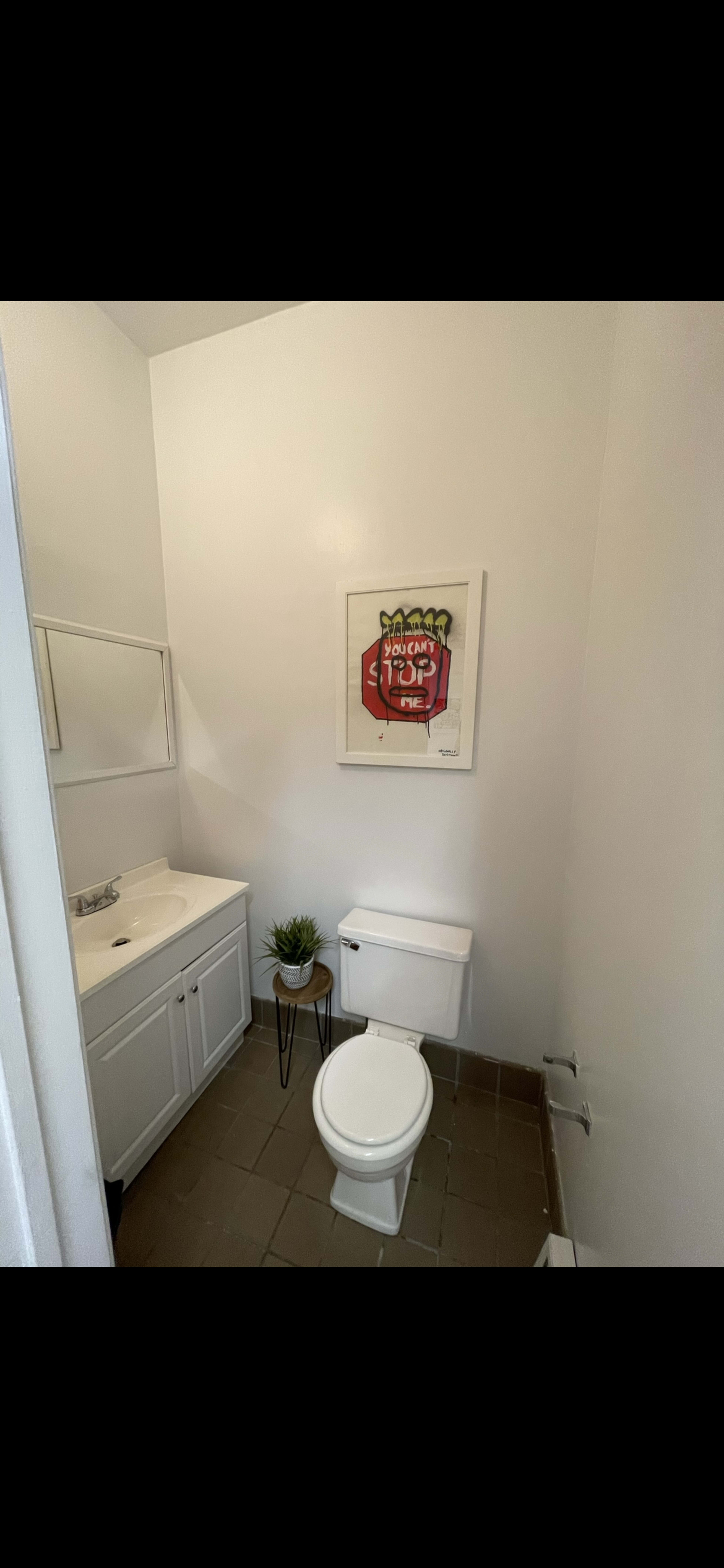 A small bathroom featuring a white vanity, a toilet, a mirror, and a piece of framed art on the wall.