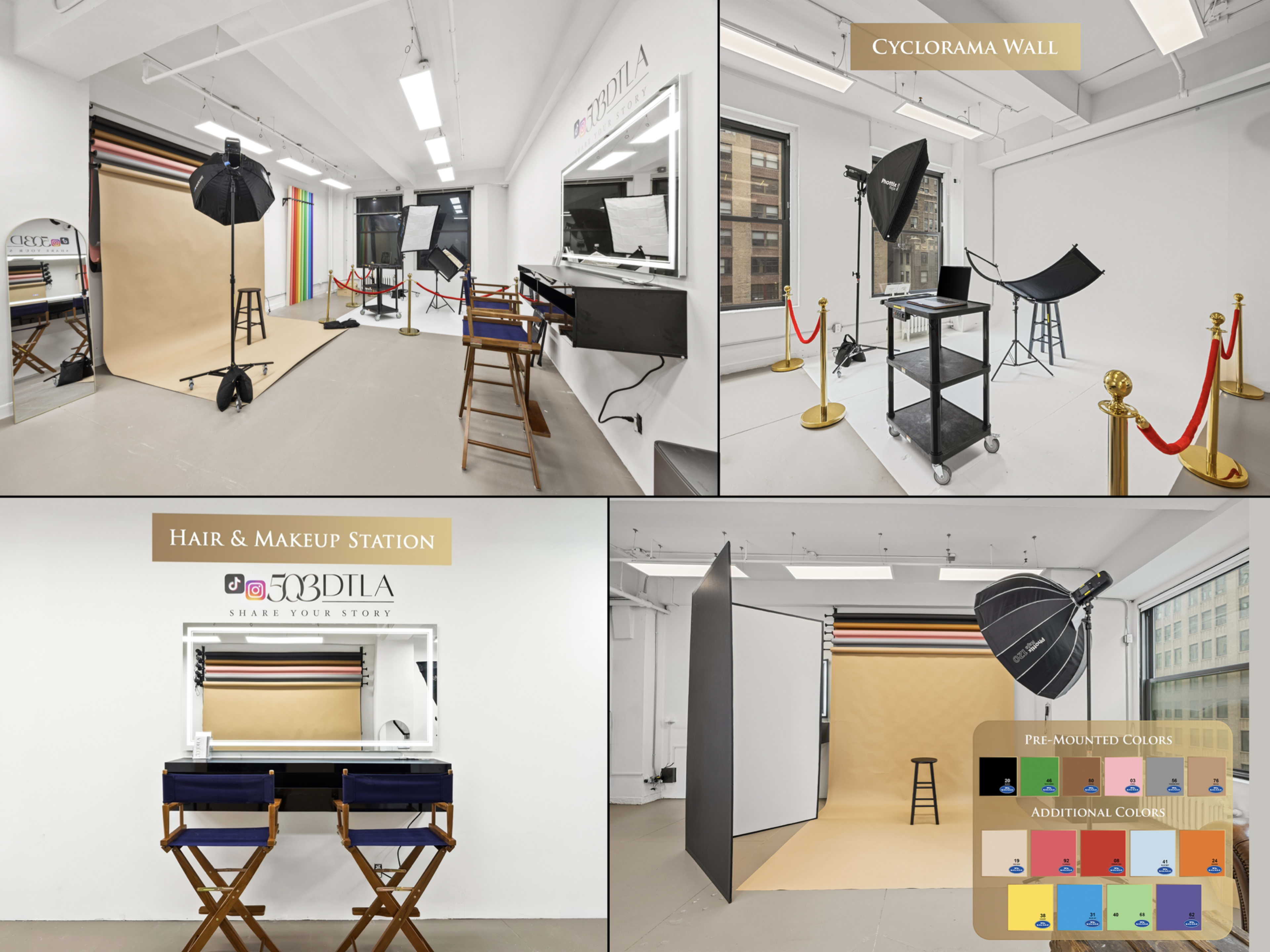 The image shows a professional photo studio featuring a cyclorama wall, hair and makeup station, and various lighting equipment arranged in a bright space with large windows.