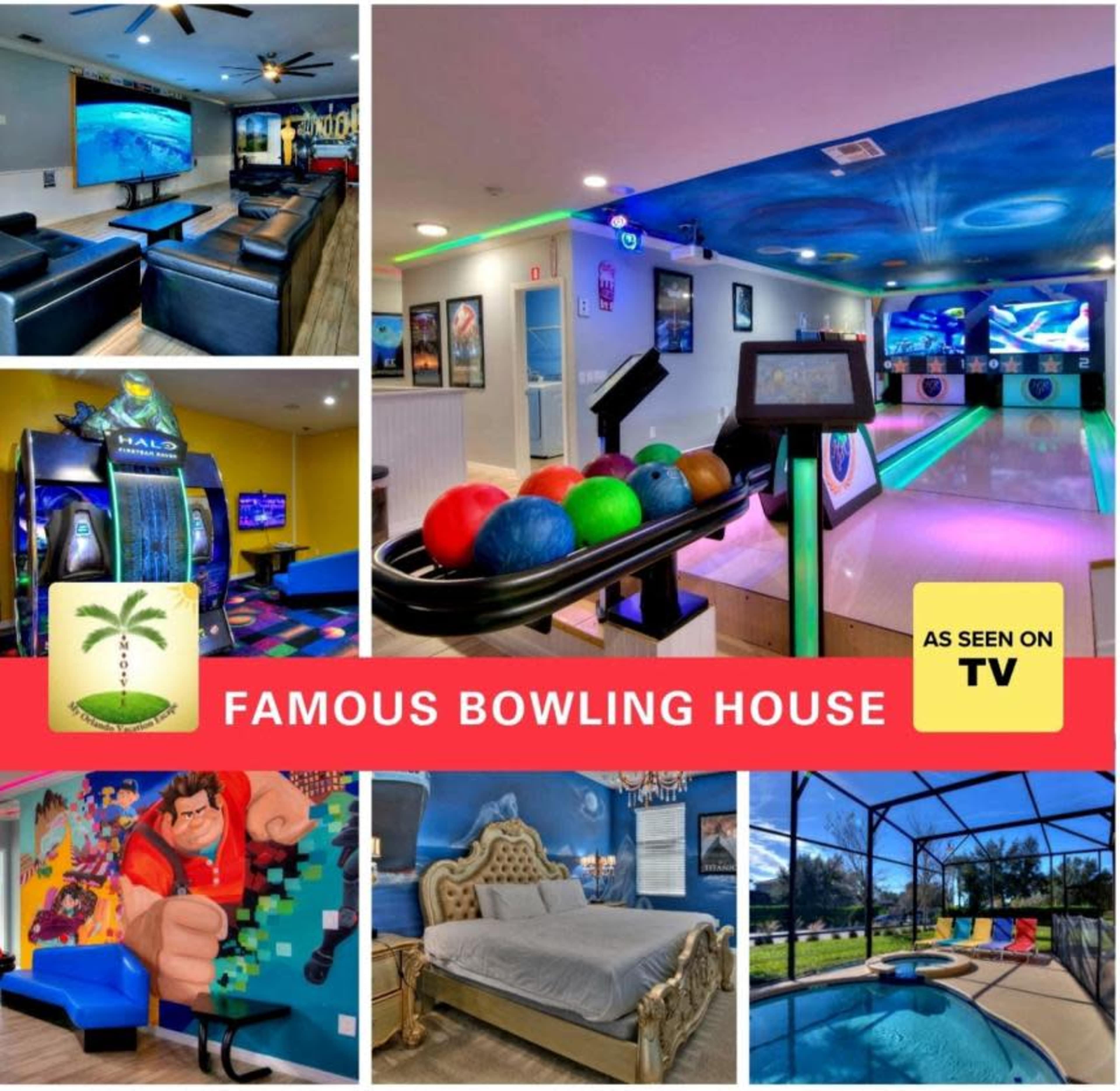 A vibrant bowling house featuring bowling lanes, arcade games, a colorful living space, and a pool area.
