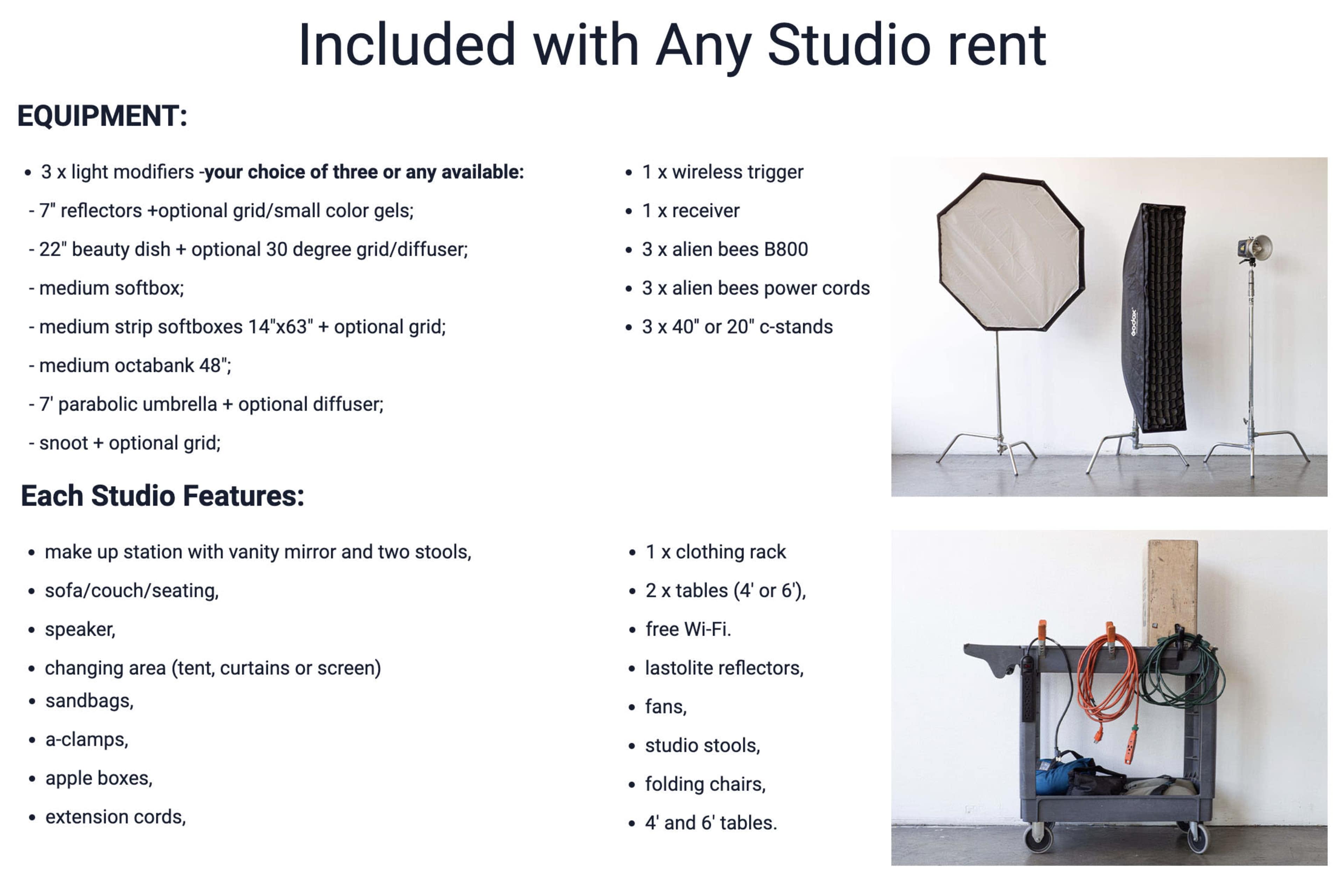 The image lists equipment and features included with any studio rental, detailing items such as light modifiers, furniture, and technical accessories.