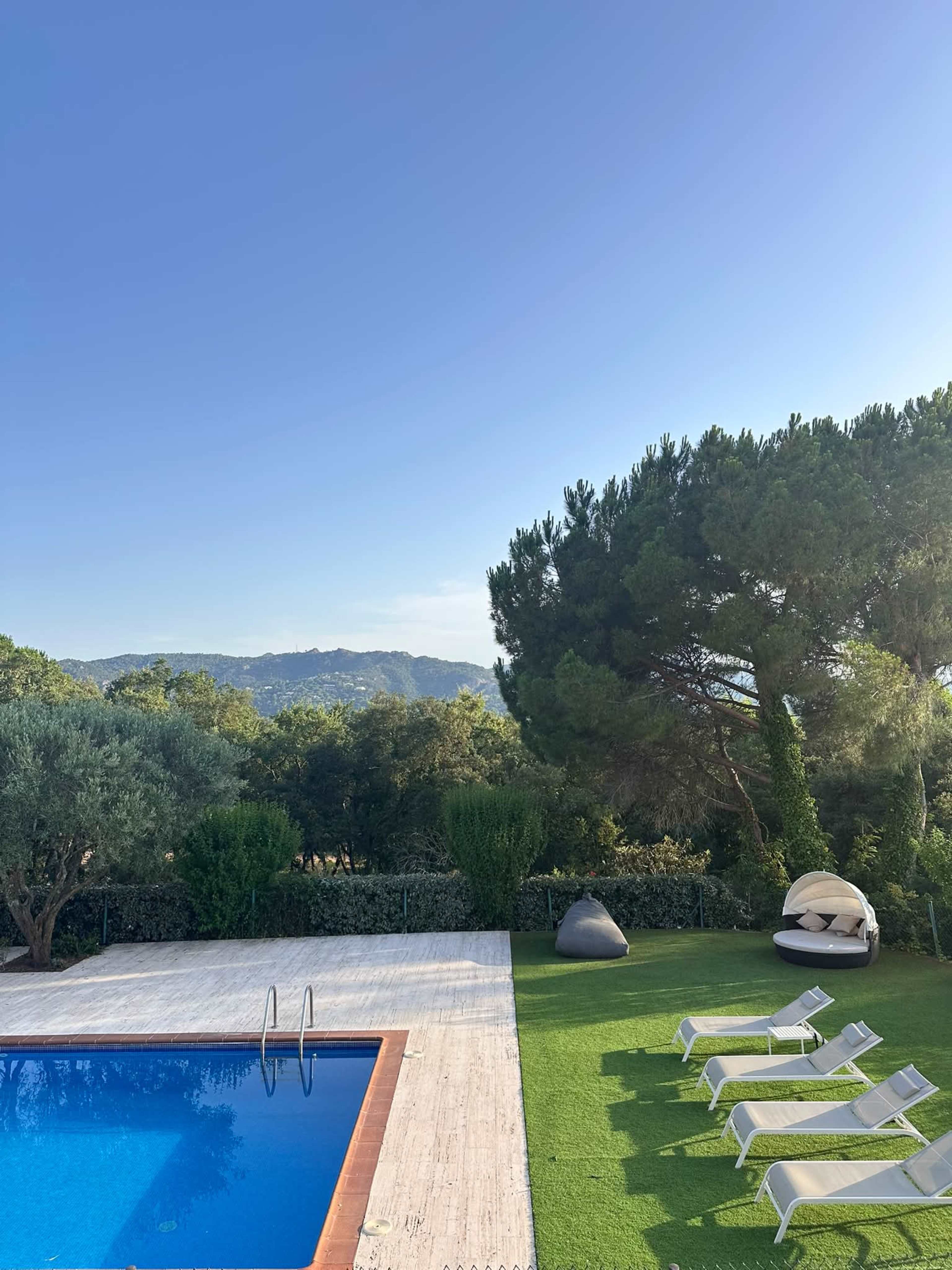 A clear blue sky overlooks a swimming pool surrounded by lounge chairs and greenery.
