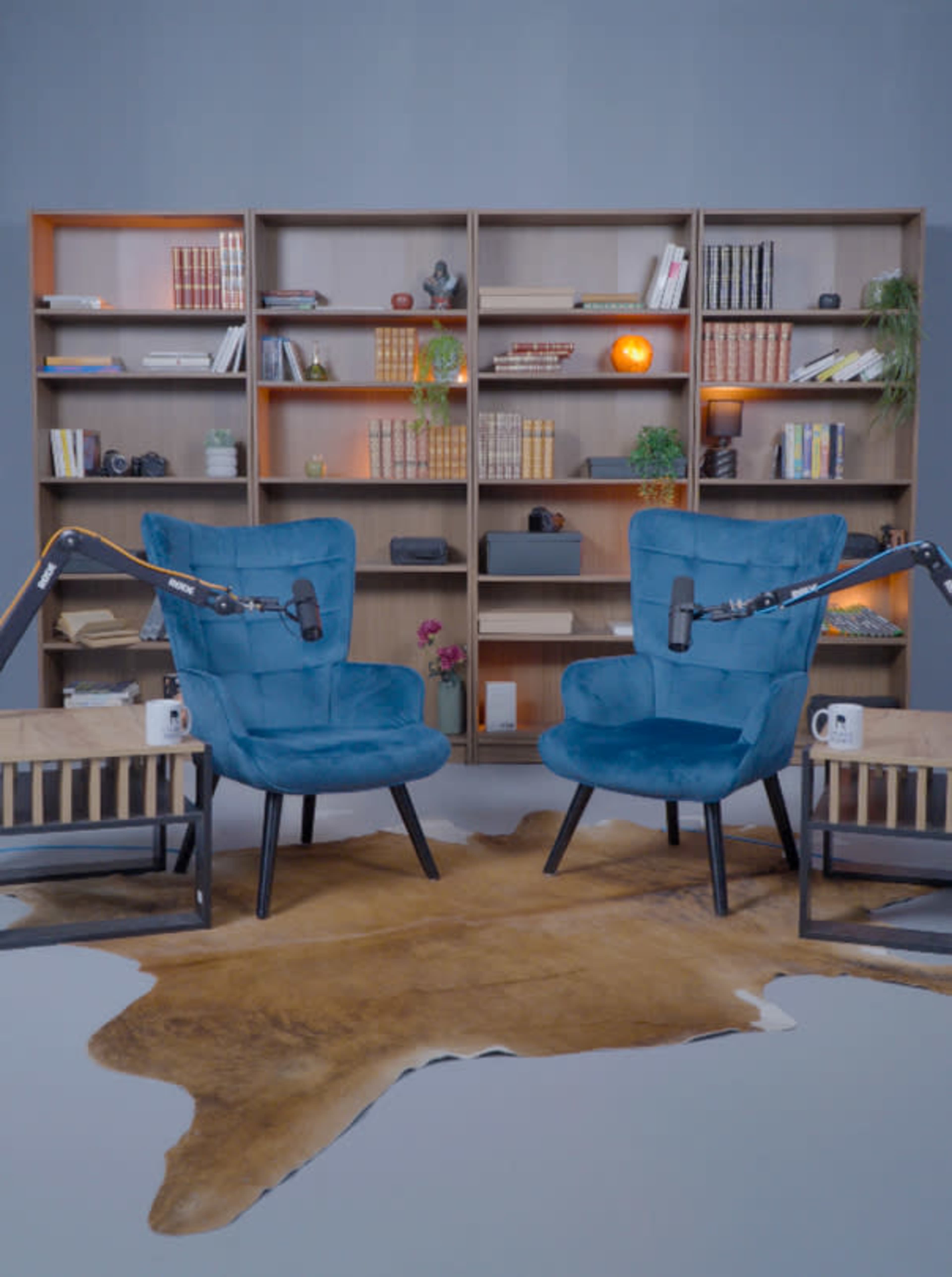 The image shows a cozy podcast or interview setup featuring two blue chairs with microphones, positioned in front of a wooden bookshelf filled with various items and books.