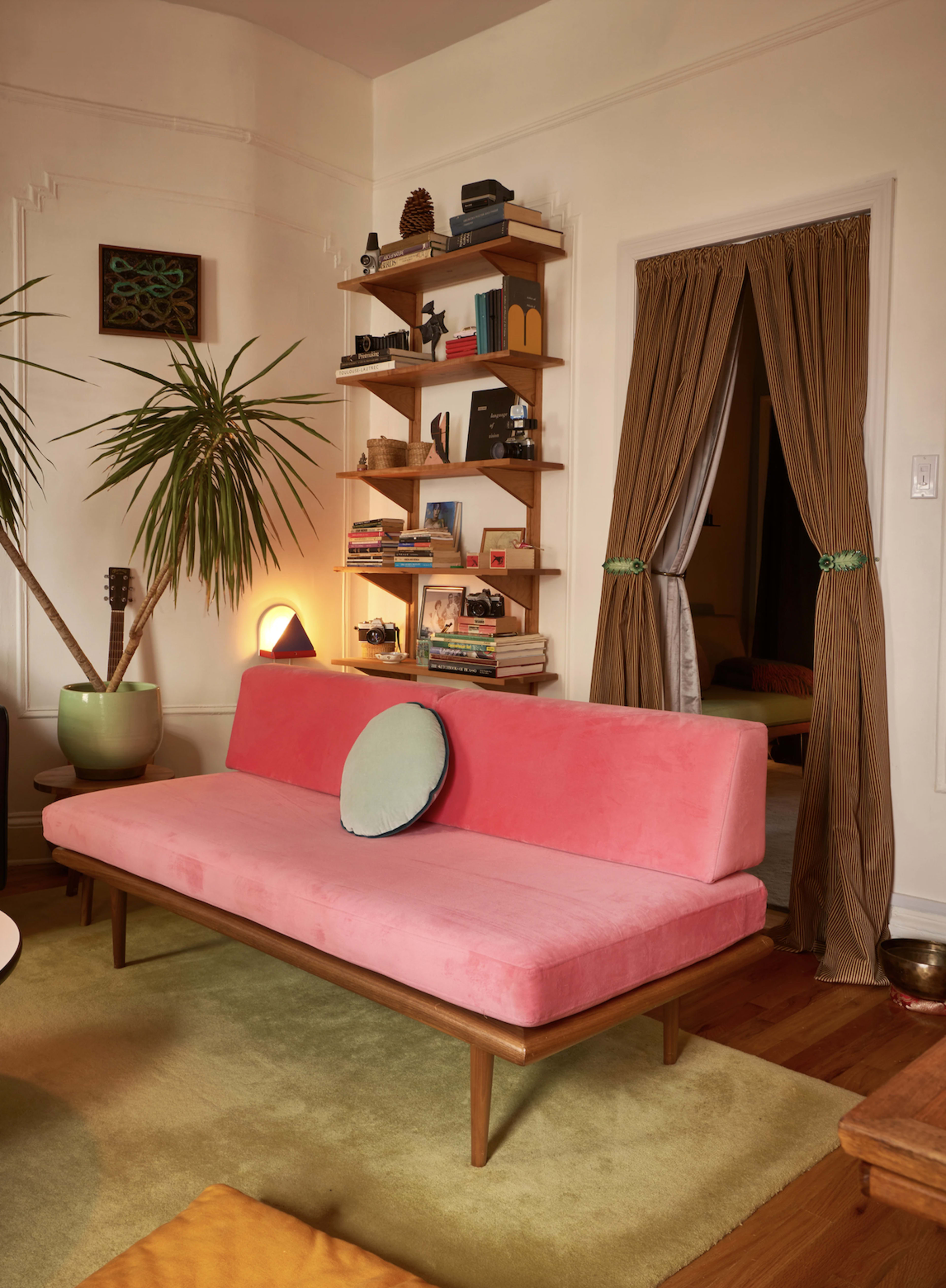A pink velvet sofa with a circular cushion sits on a green rug, surrounded by a bookshelf and indoor plants in a well-decorated living room.