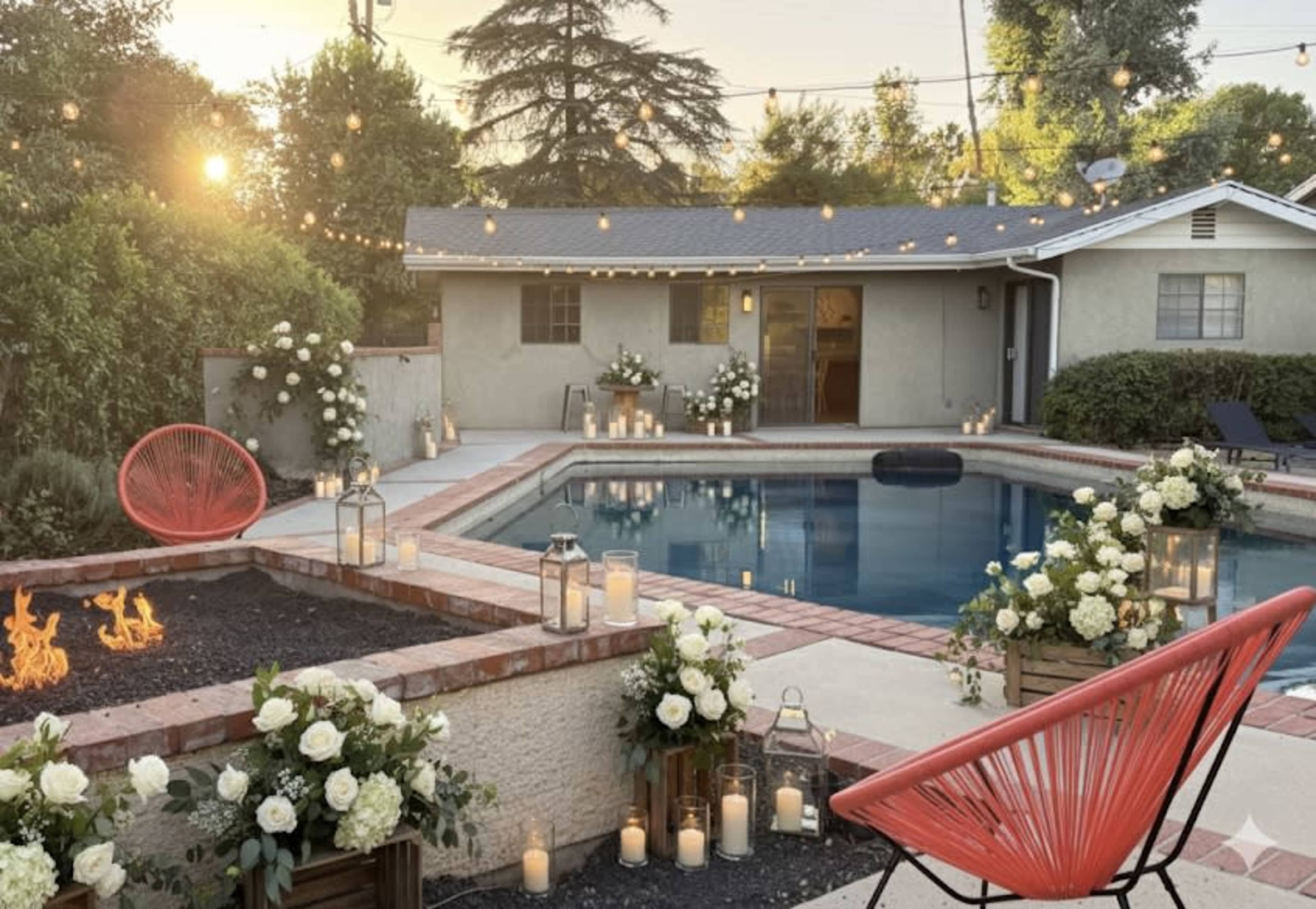 The image shows a backyard setting with a swimming pool, surrounded by candles and flower arrangements, and warm string lights overhead, creating a cozy atmosphere.