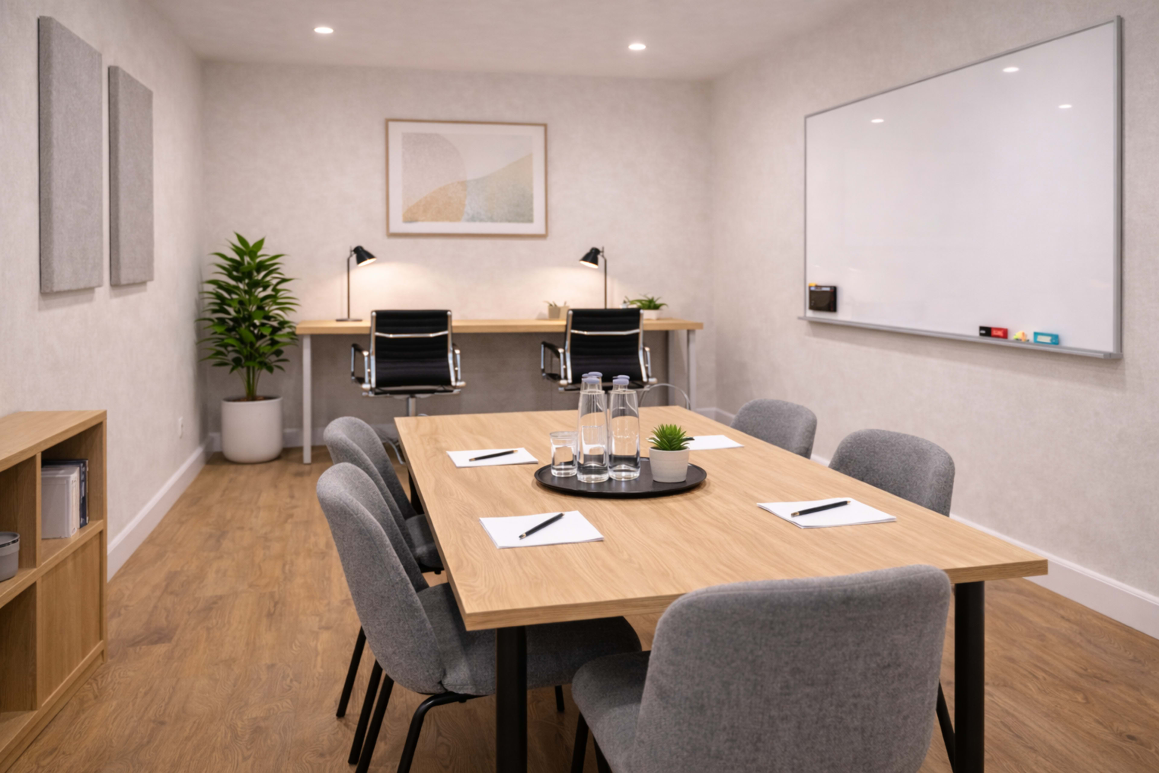 A modern conference room features a large wooden table surrounded by gray chairs, with a whiteboard and two desks in the background.