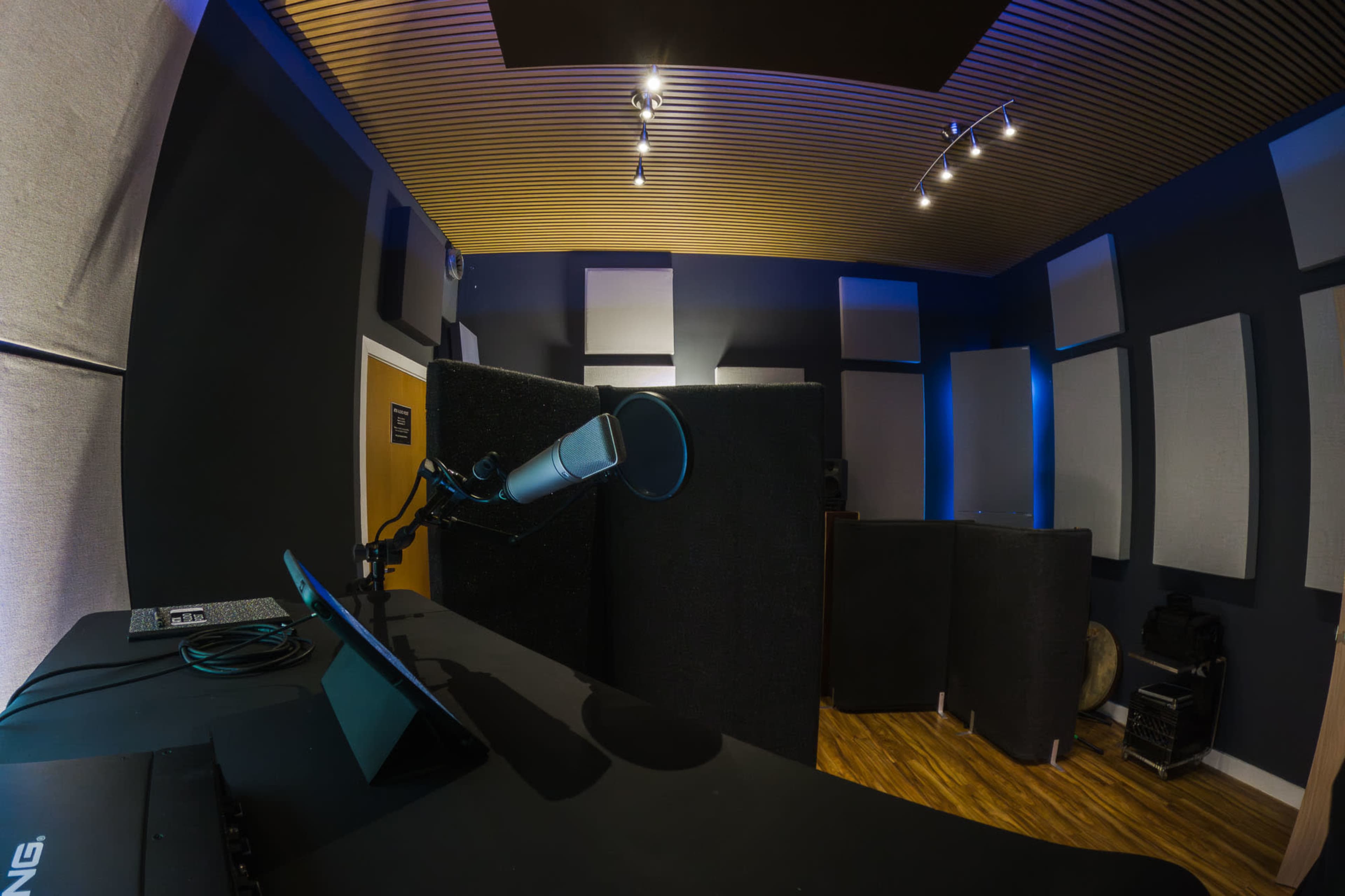 The image shows a recording studio with a microphone positioned on a desk, surrounded by soundproofing panels and acoustic treatment on the walls.