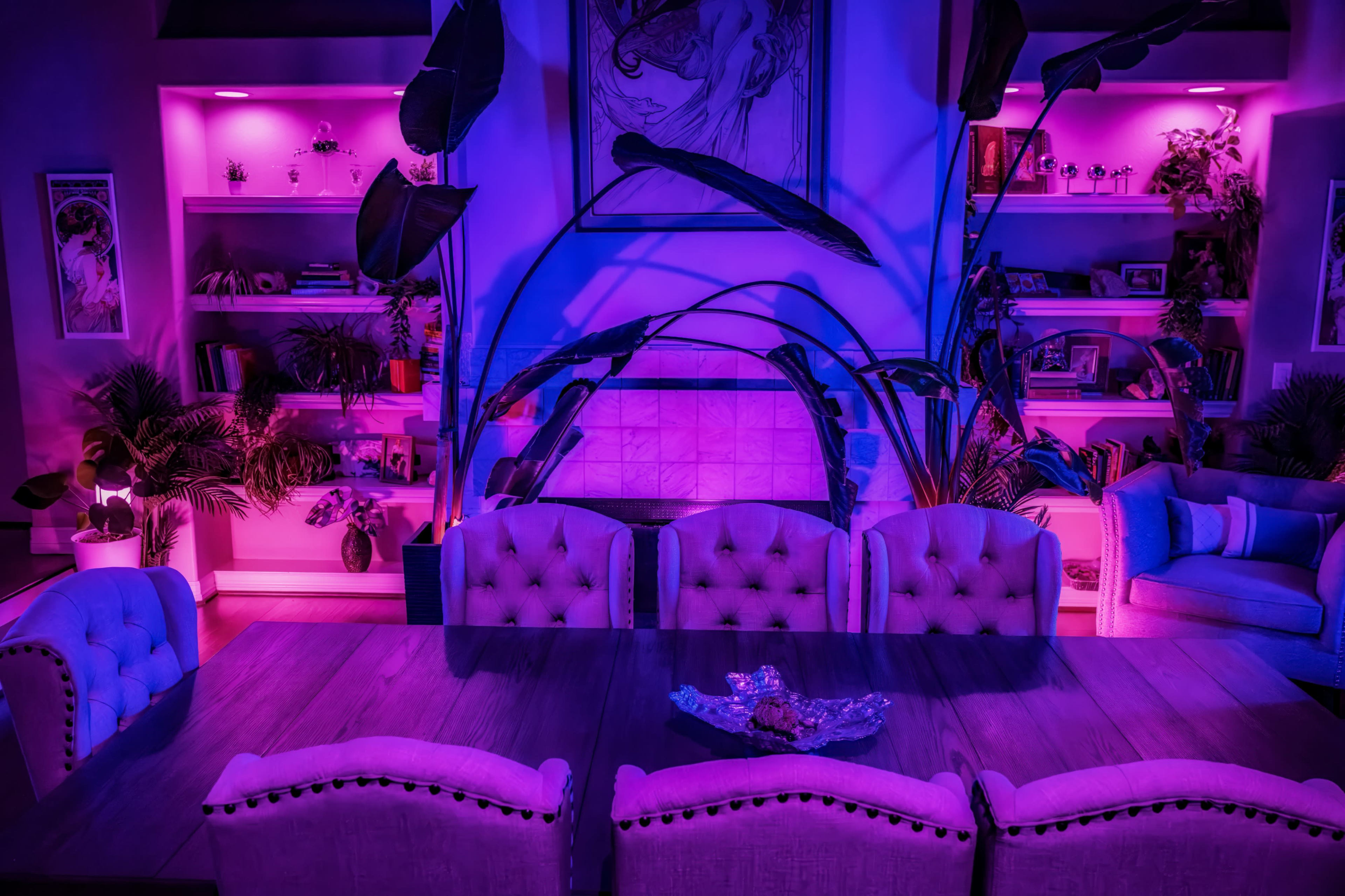 A dining area features a table surrounded by upholstered chairs, illuminated by purple and blue lighting, with a backdrop of shelves adorned with plants and decorative items.