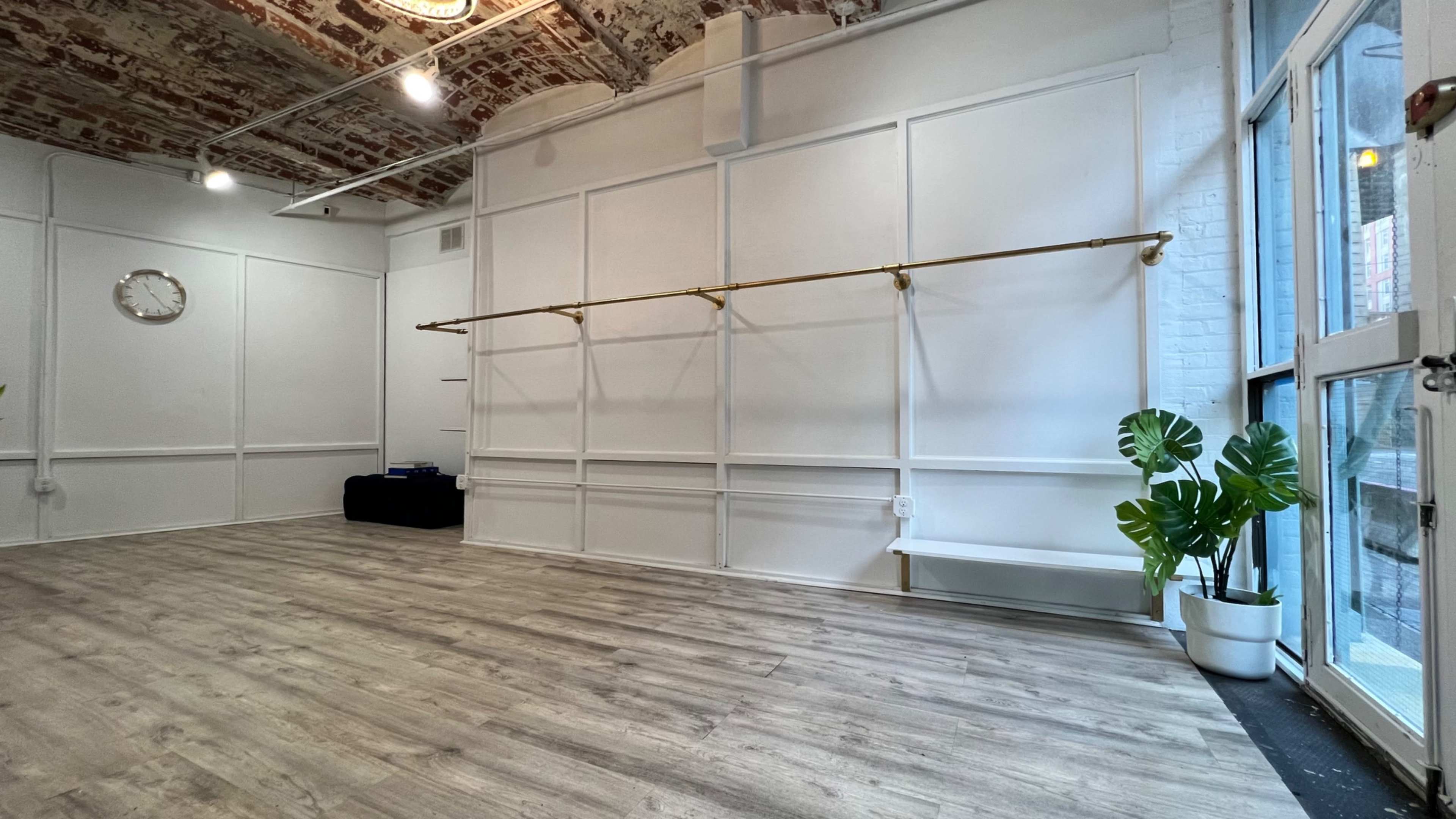 A spacious, empty room with white walls, wooden flooring, and a large window, featuring a clothing rack mounted on the wall and a potted plant in the corner.