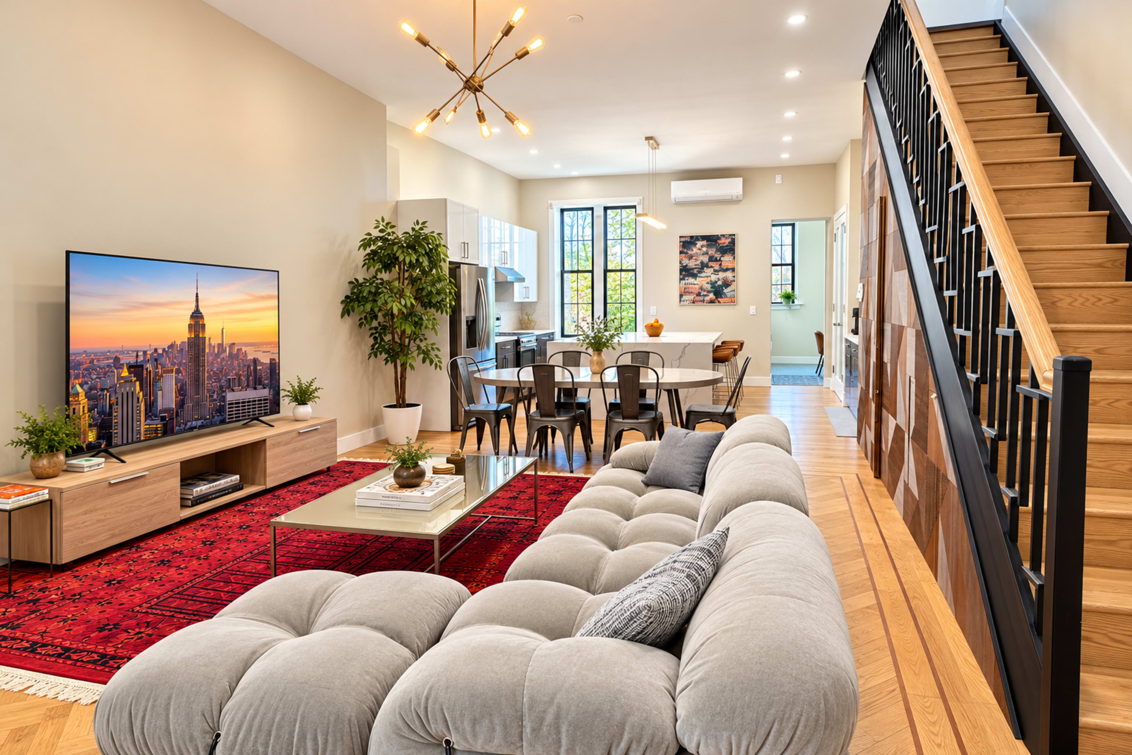 A modern living room with a large TV, a gray sectional sofa, a red area rug, and a dining area adjacent to a kitchen with white cabinets and a staircase in the background.